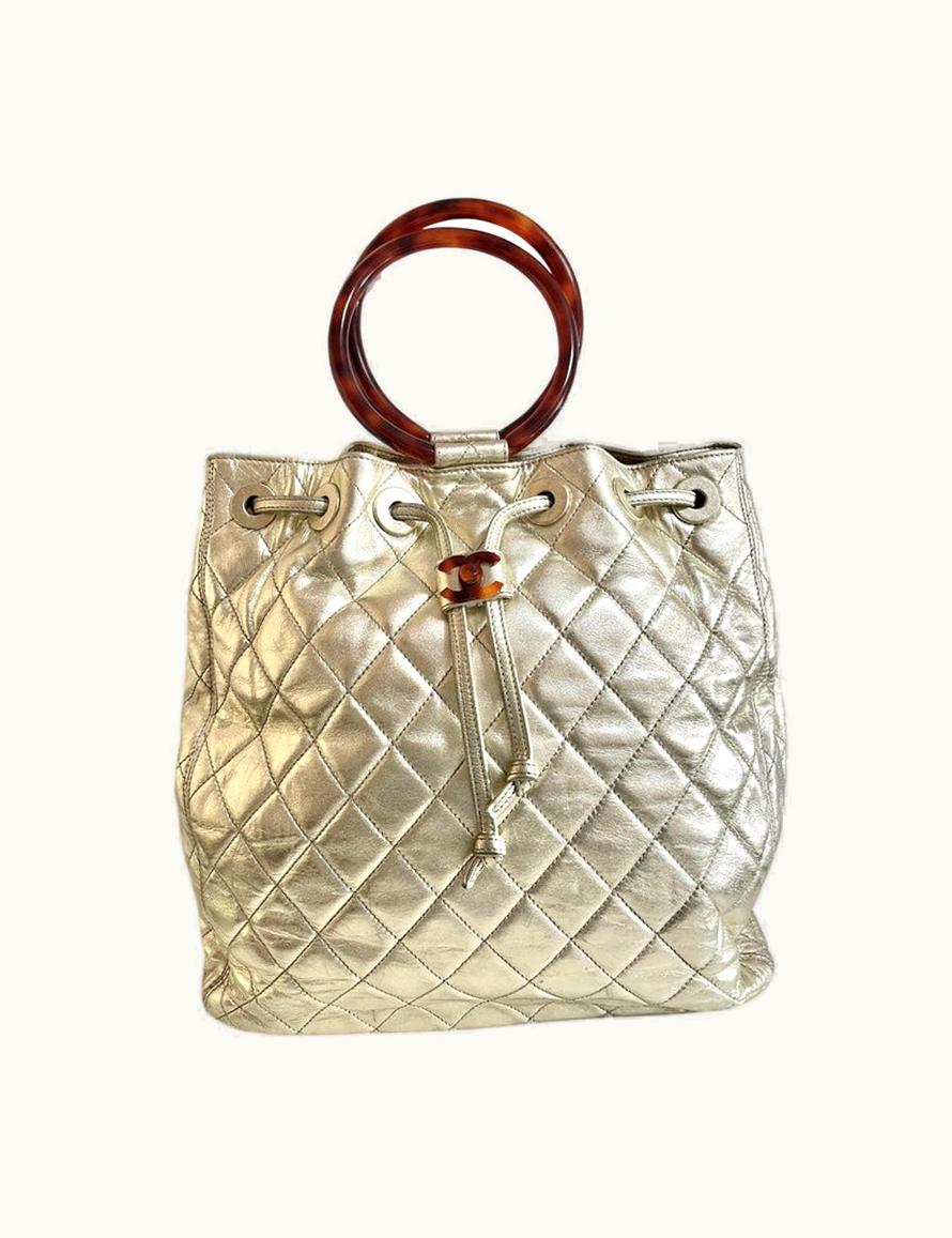 Chanel Chanel Vintage Campaign Gold Lamb Leather Hobo Bucket Bag With Marble Hoop Handles And Turn Lock CC