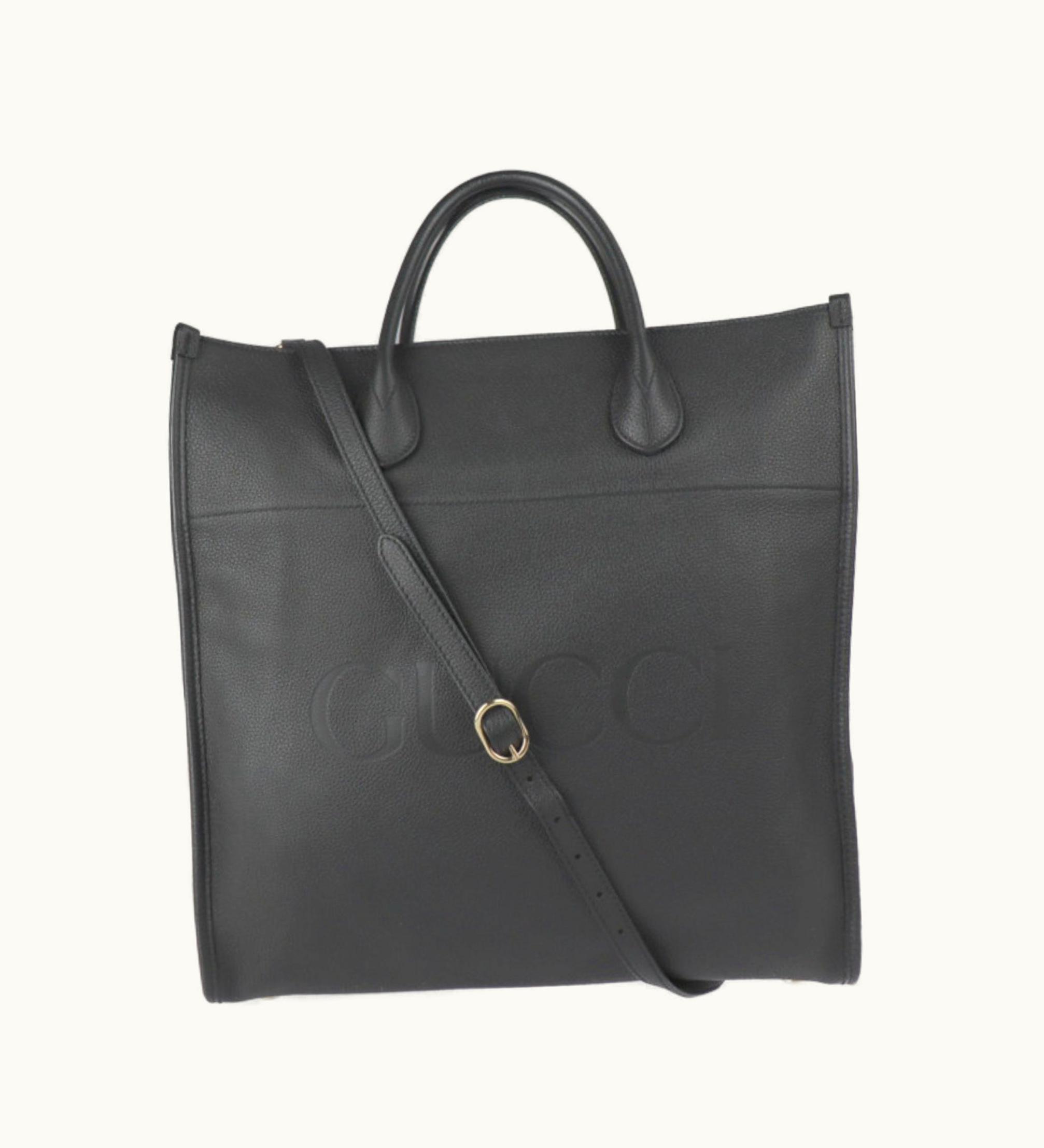 Gucci Gucci Logo Medium Tote Bag Shoulder 674850 Embossed Leather Black Gold Hardware 2Way Handbag 2022 Current Product