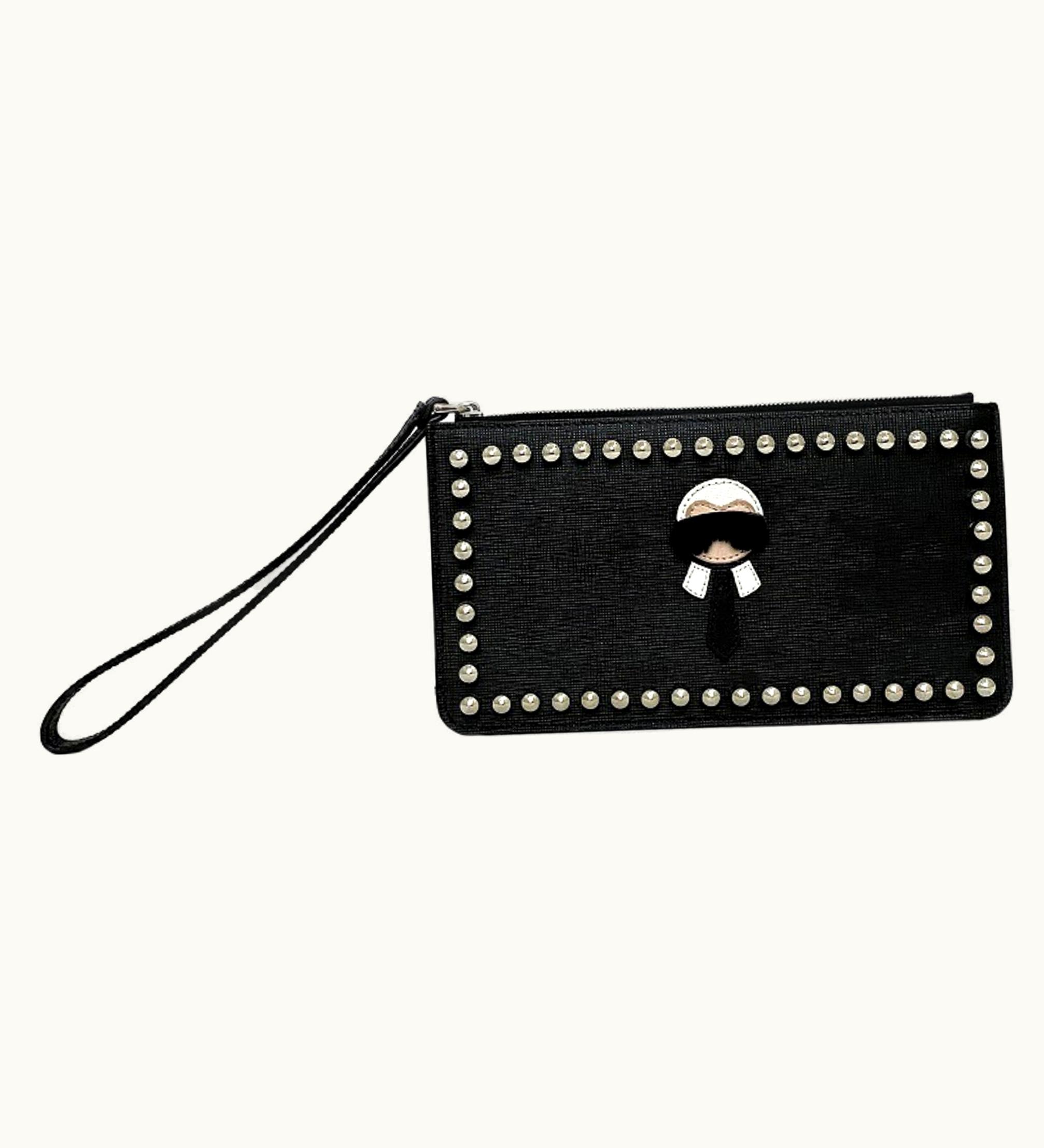 Fendi Fendi Pouch Black Silver Punker Lito 8M0341 Pvc Leather Studs Fur