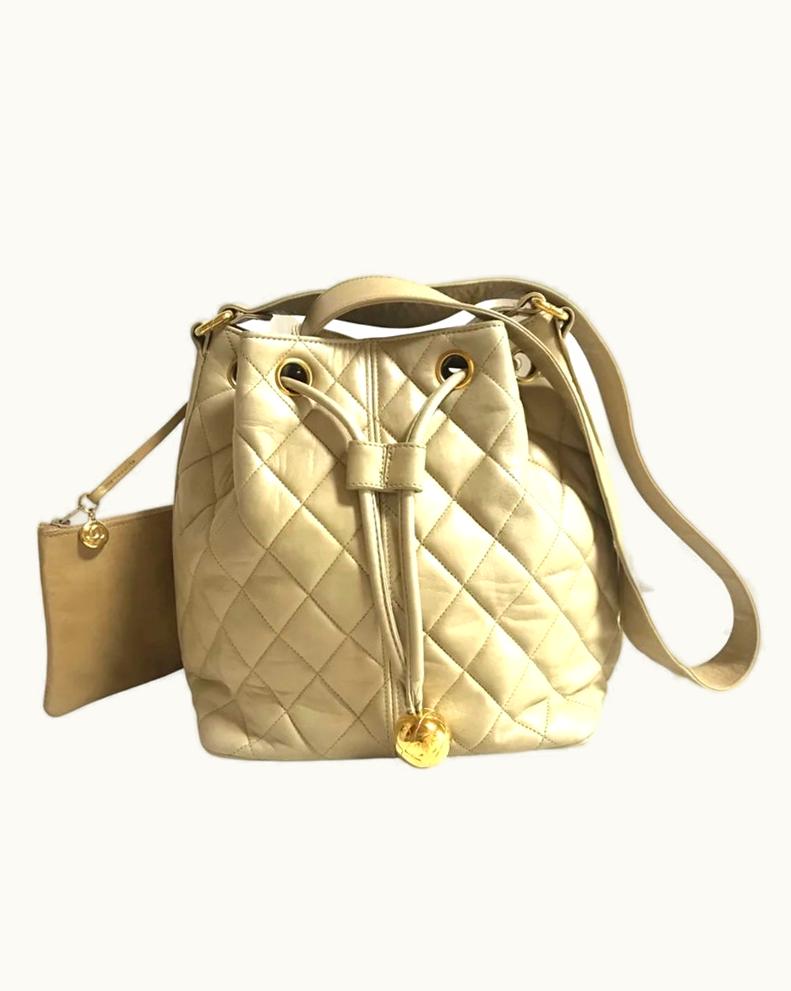 Chanel Chanel Vintage Beige Quilted Lamb Leather Hobo Bucket Shoulder Bag With Drawstrings And Golden CC Mark Ball