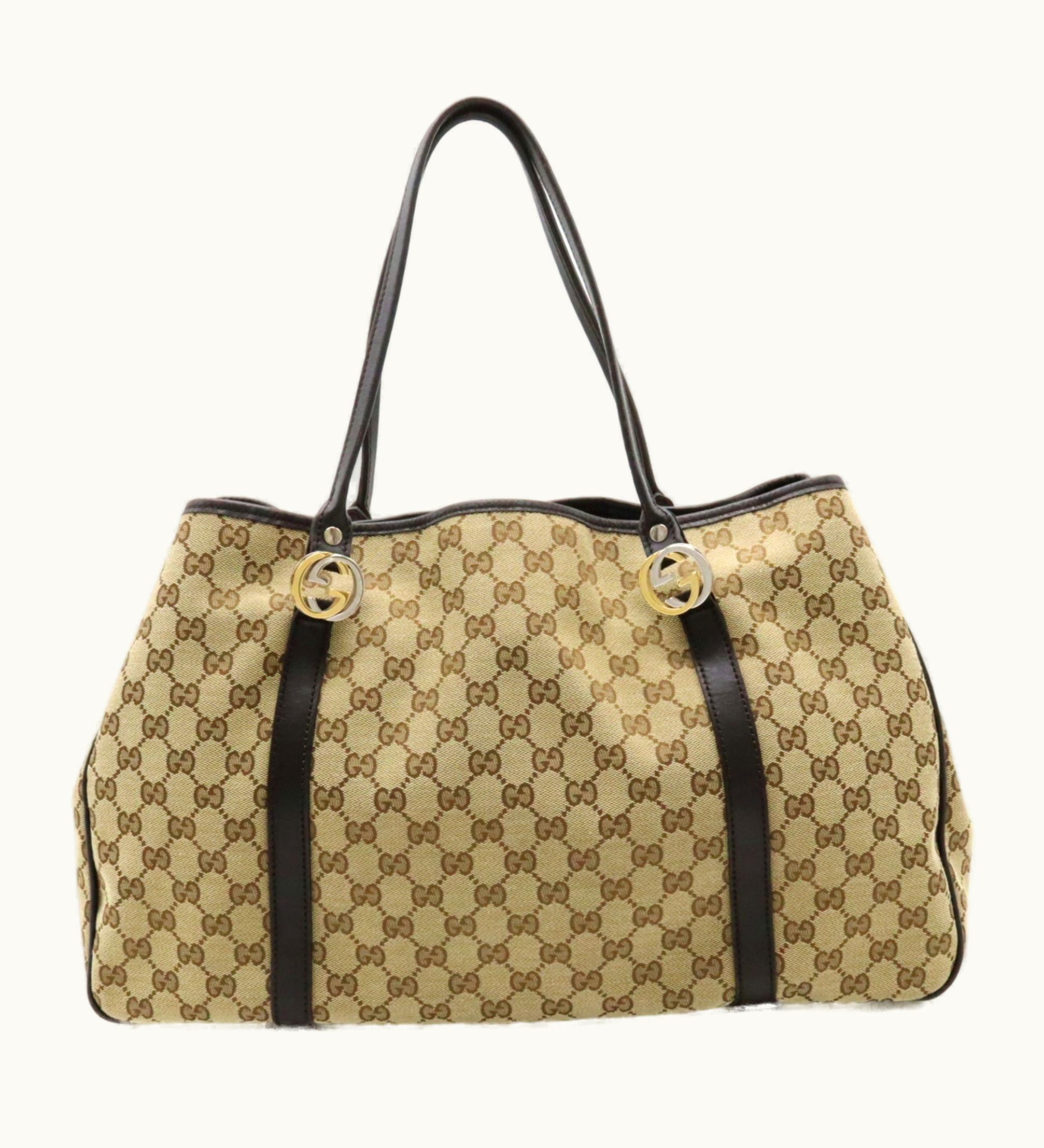 Gucci Gucci GG Twins Canvas Tote Bag Shoulder Leather Khaki Beige Dark Brown 232956
