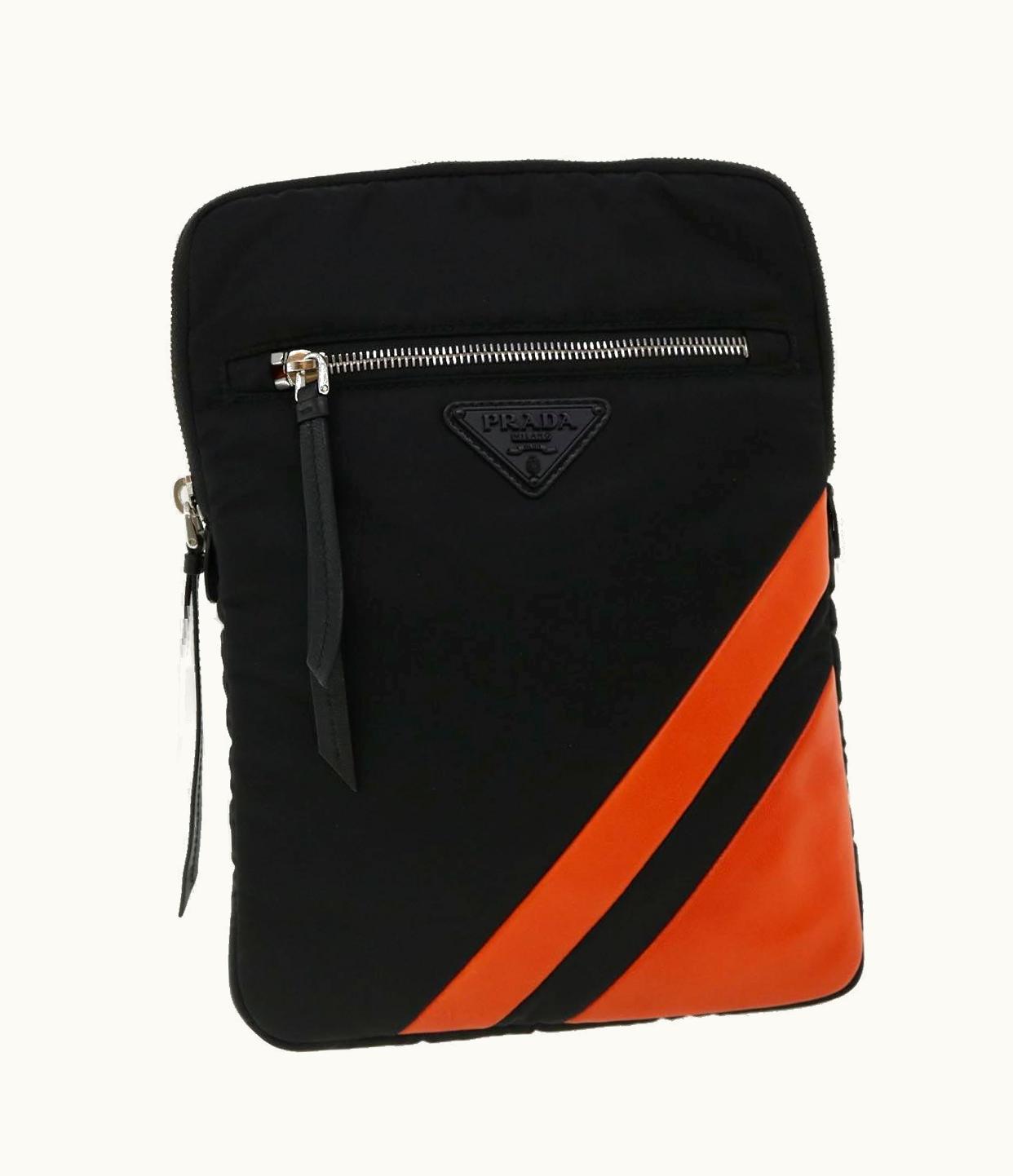 Prada Prada Clutch Bag Nylon Leather Black Orange