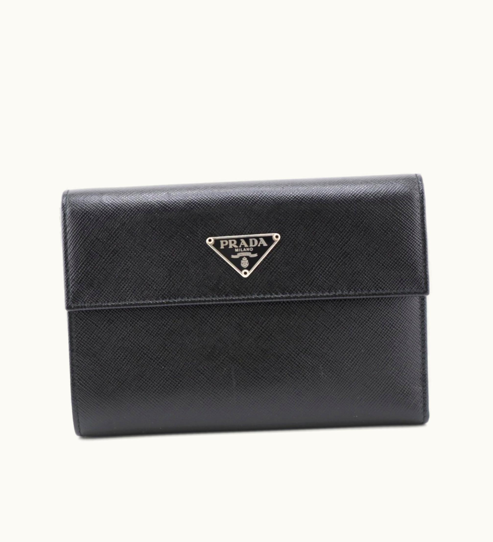 Prada Prada/ M605 Saffiano Triangle Plate Trifold Wallet Black Unisex