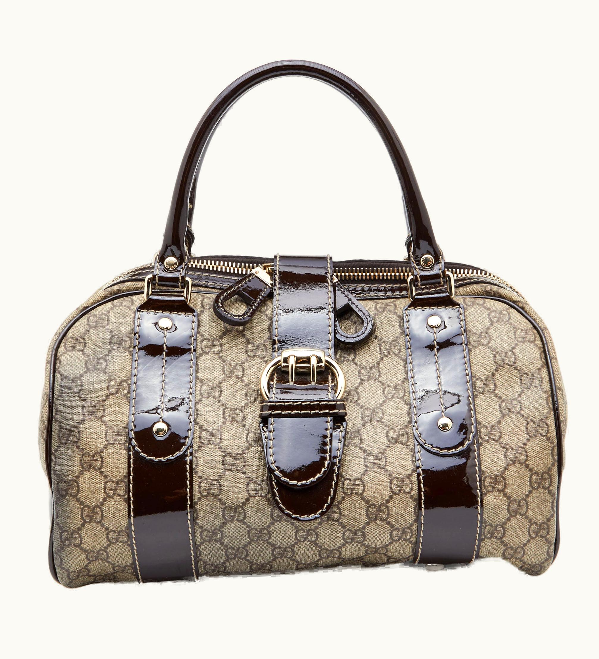 Gucci Gucci Beige/Brown GG Supreme Canvas And Patent Leather Boston Bag