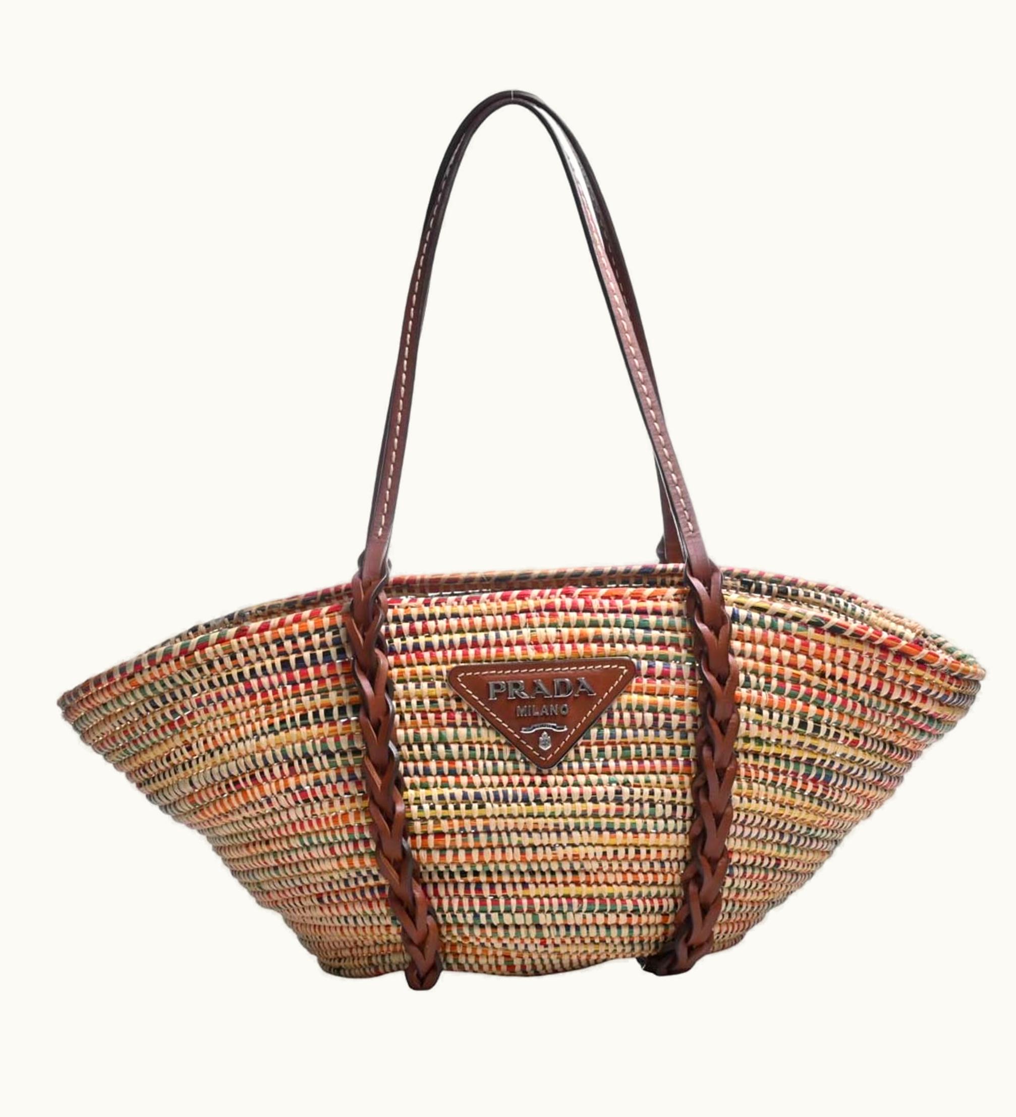Prada Prada Straw Leather Triangle Logo Tote Bag Multicolor Women's