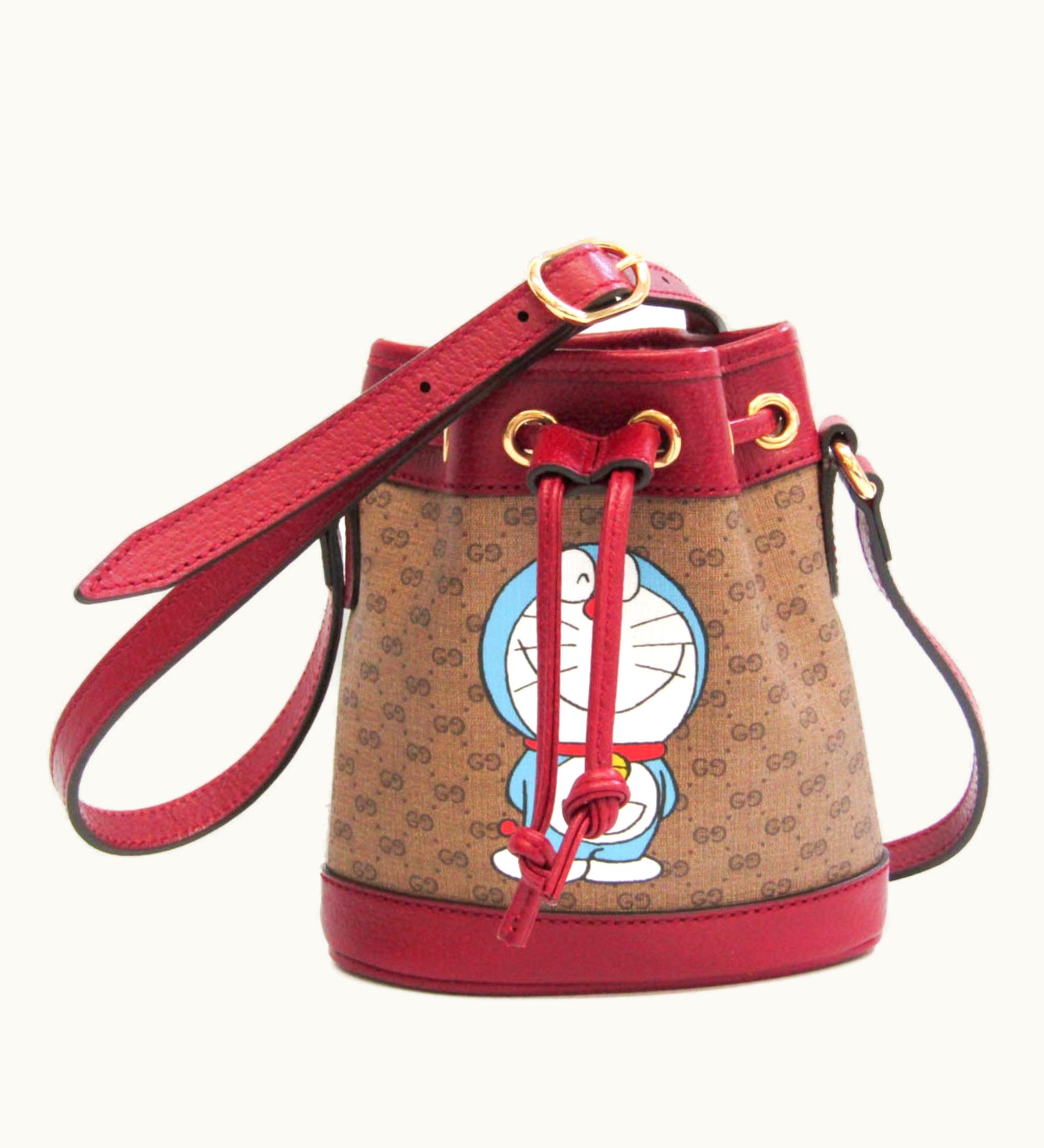 Gucci Gucci Doraemon Collaboration 647801 Women's GG Supreme, Leather Shoulder Bag Brown, Red Color