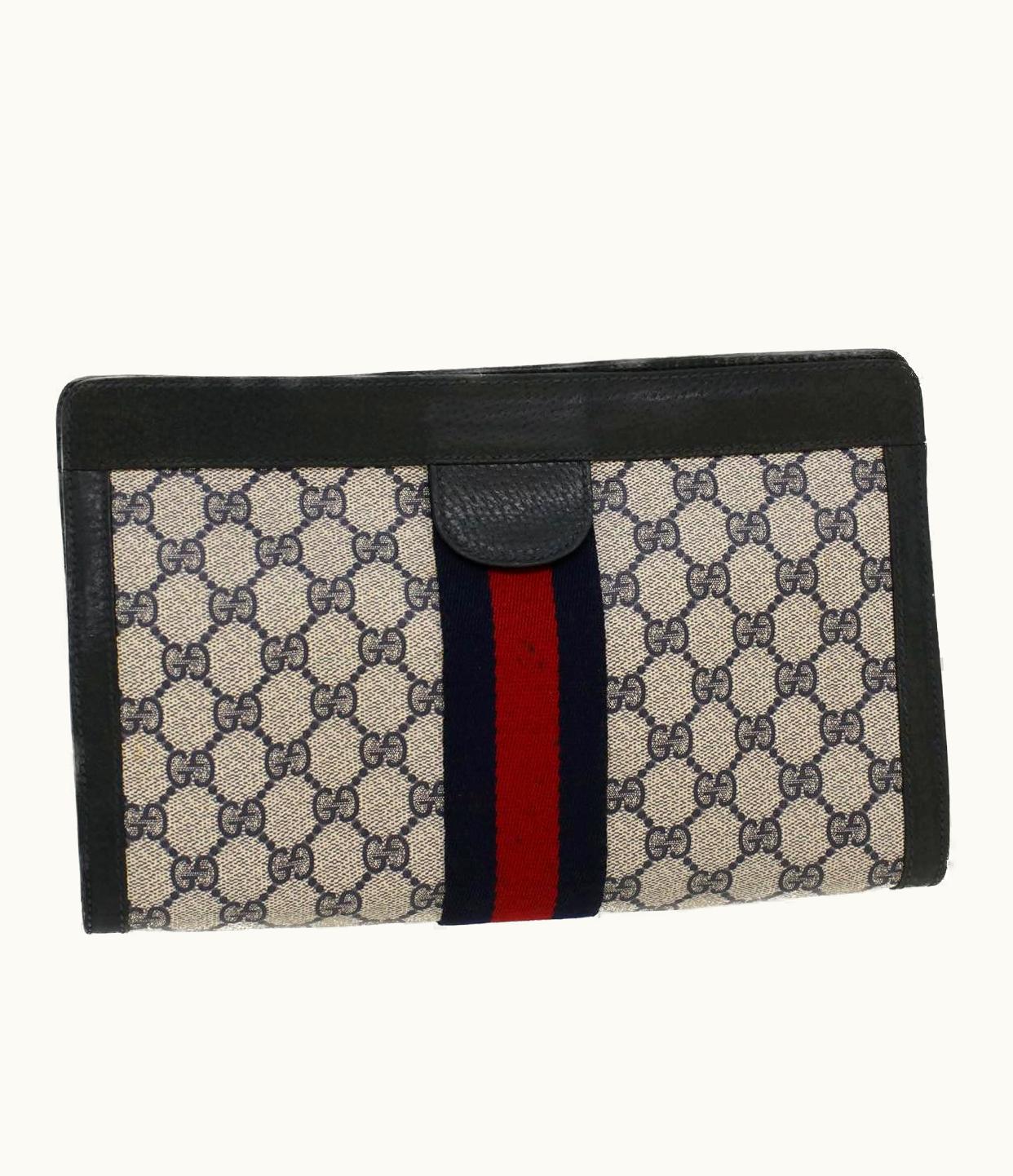 Gucci Gucci GG Canvas Sherry Line Clutch Bag Gray Red Navy 89.01.002