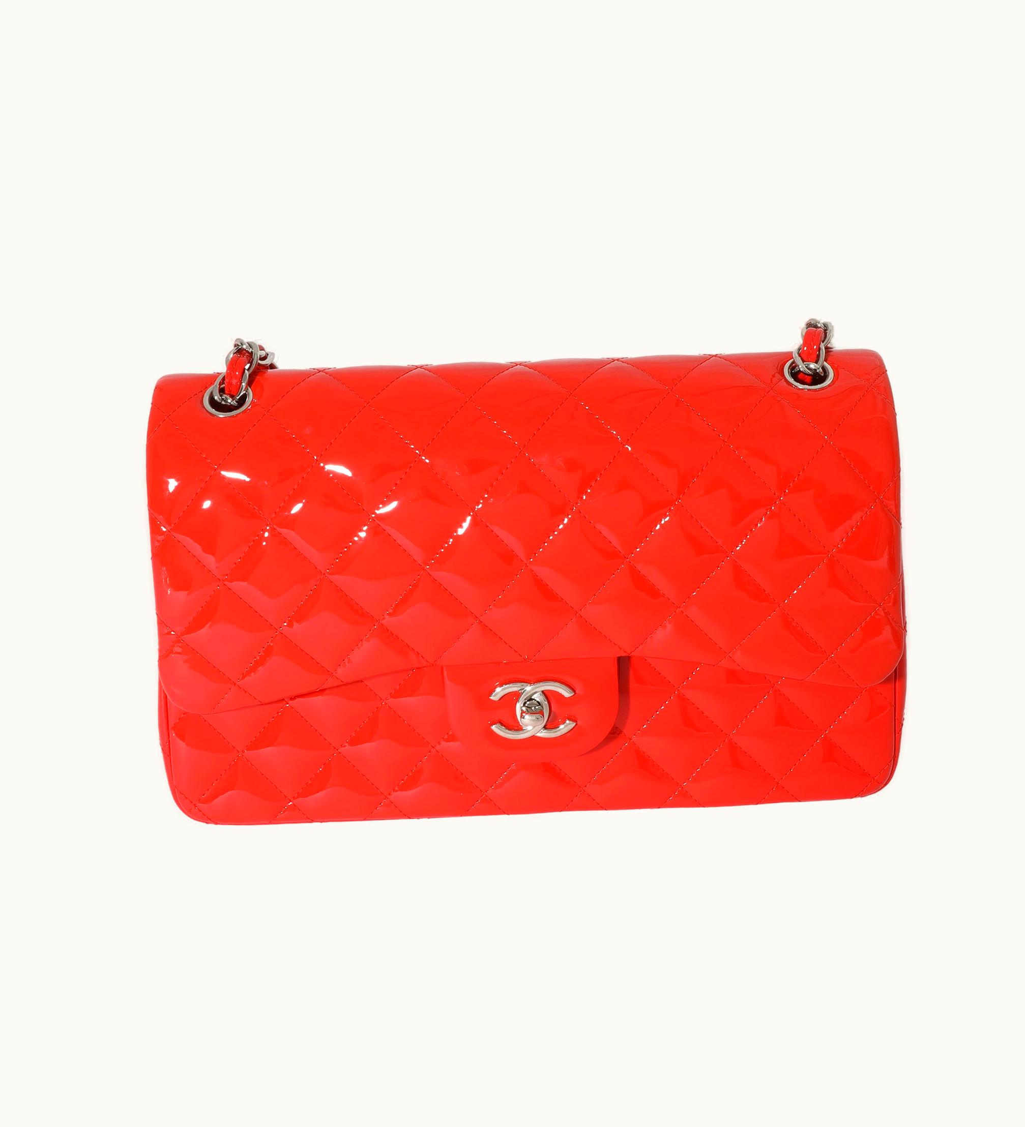 Chanel Chanel Orange Quilted Patent Leather Jumbo Double Flap Bag