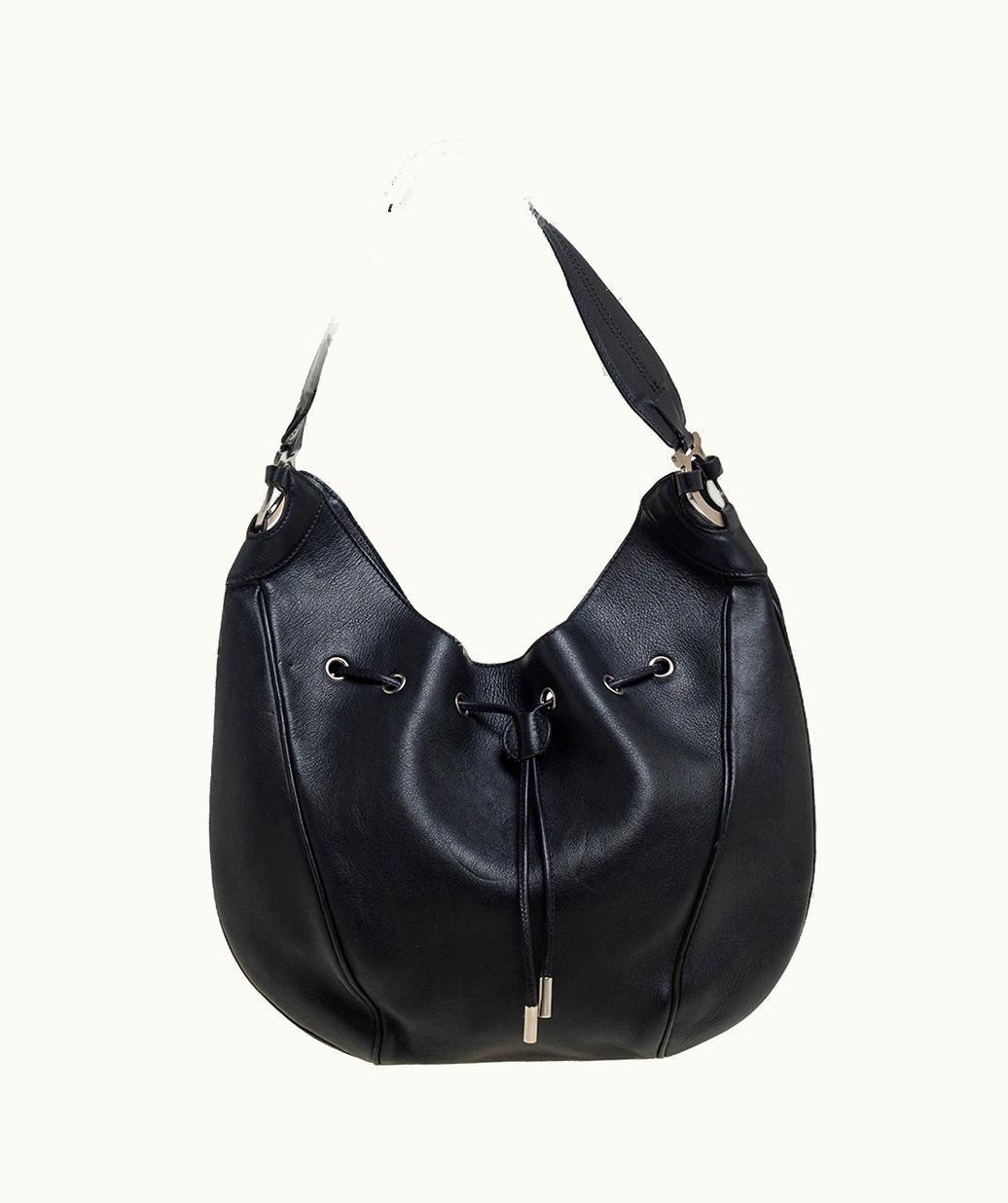 Salvatore Ferragamo Salvatore Ferragamo Black Leather Drawstring Hobo Luxury Handbag Black