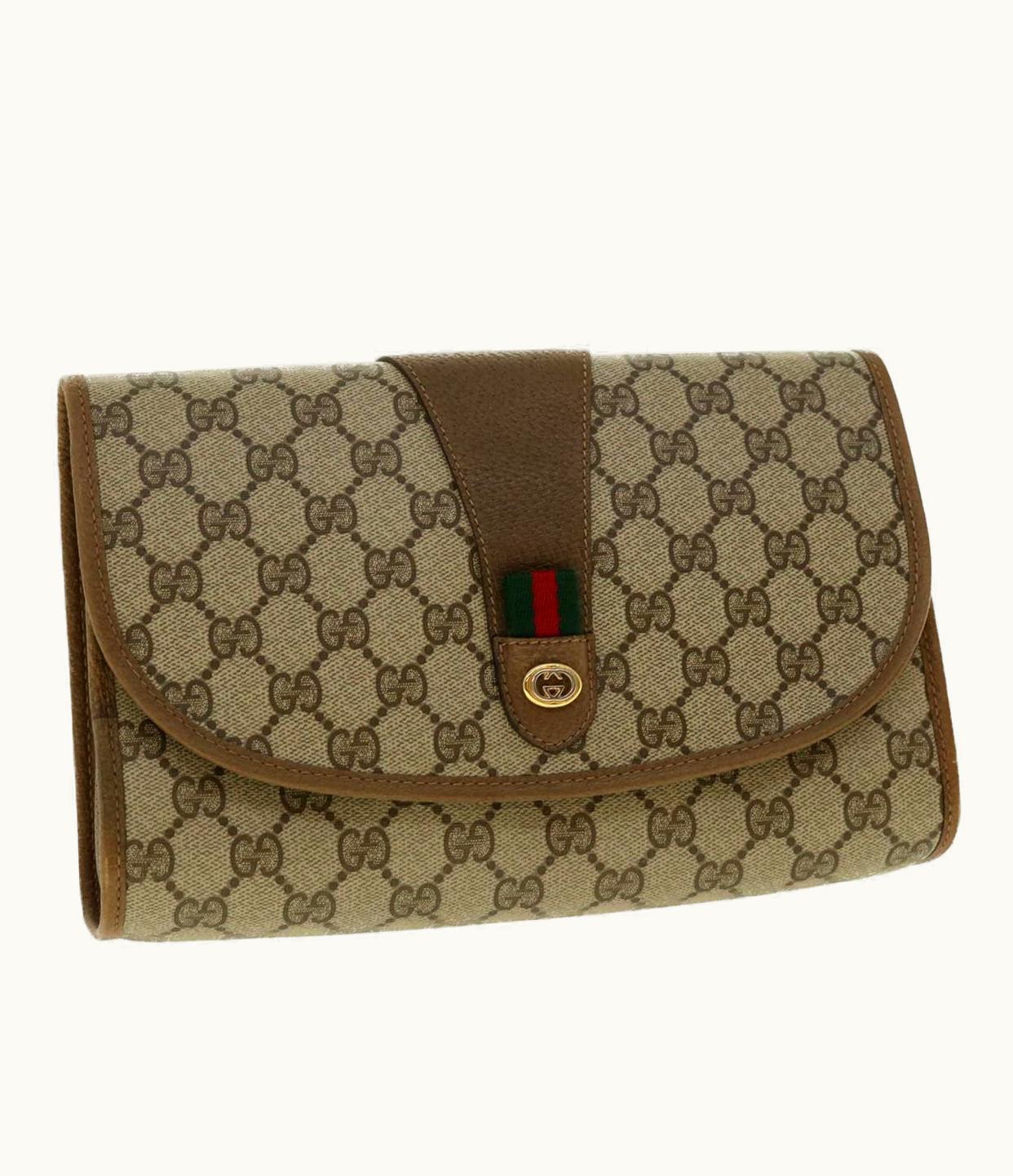 Gucci GUCCI GG Canvas Web Sherry Line Clutch Bag Beige Red Green