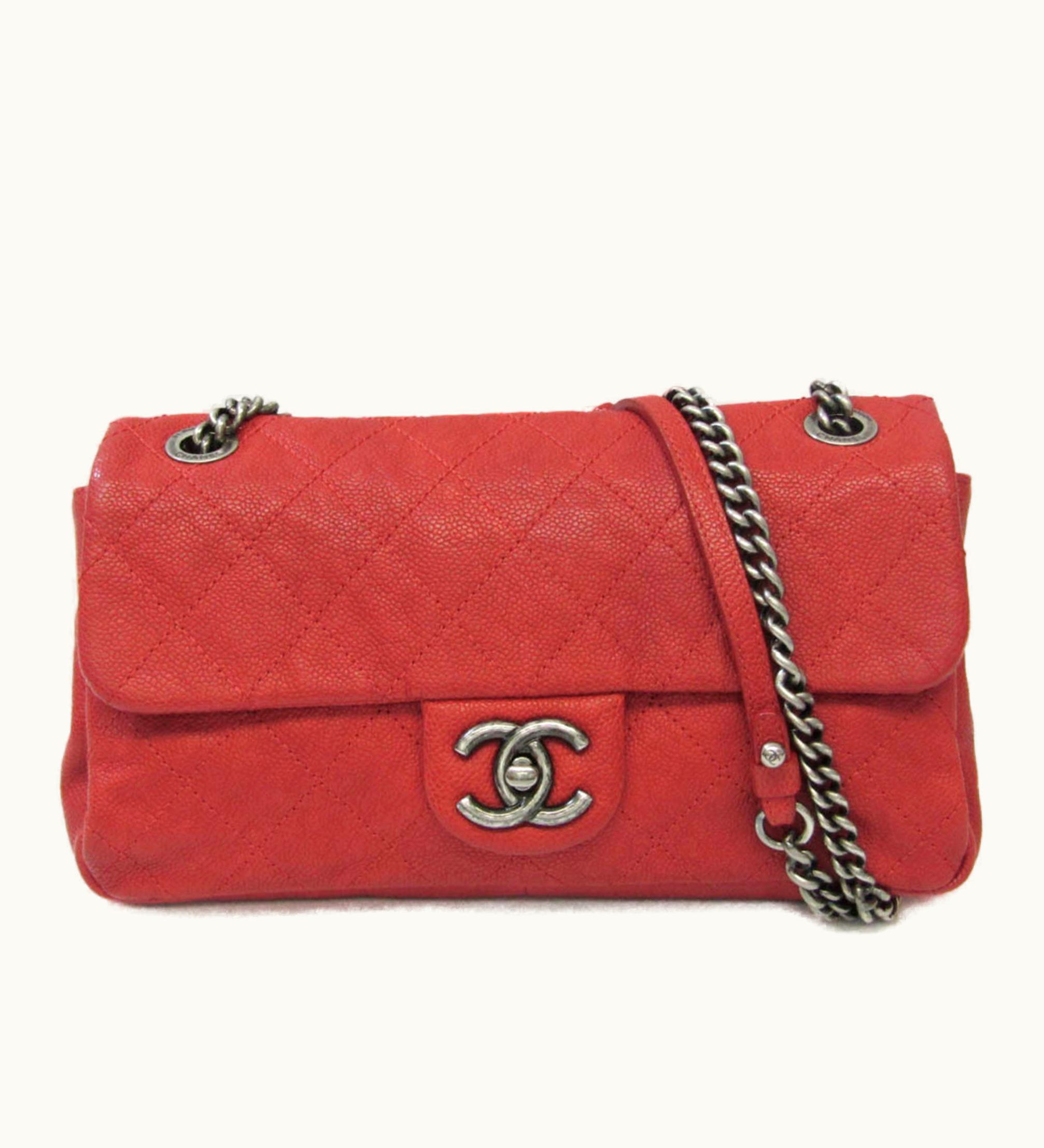 Chanel Chanel Caviar Skin Matelasse Women's Leather Shoulder Bag Red Color