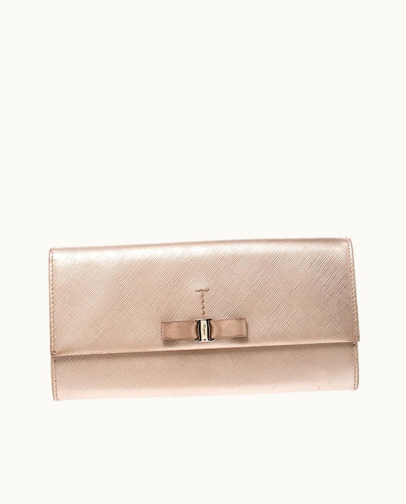 Salvatore Ferragamo Salvatore Ferragamo Beige Metallic Leather Bow Continental Wallet