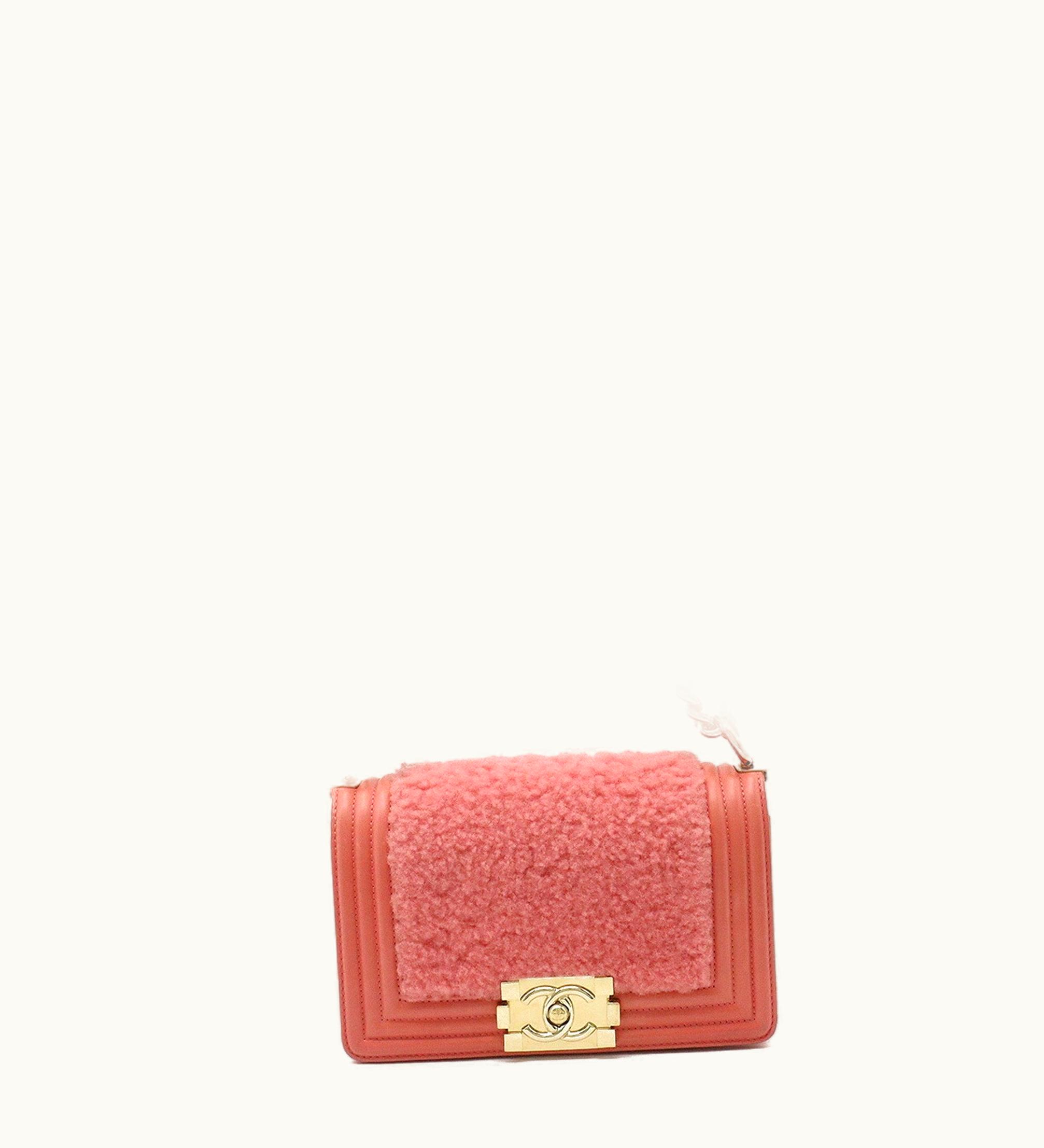 Chanel Chanel Boy Boa Chain Bag Shoulder Clutch Mouton Leather Coral Pink