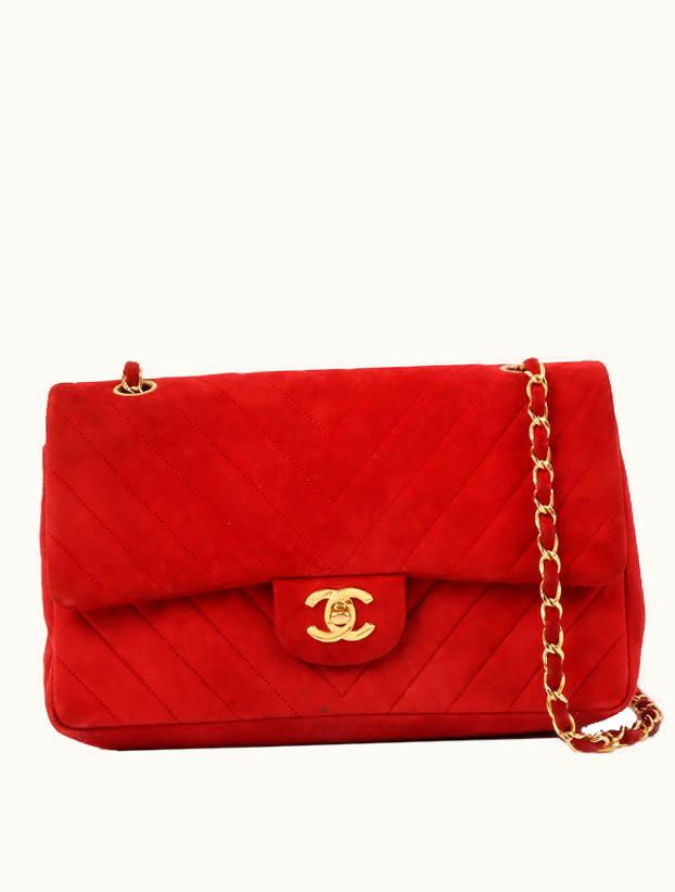 Chanel Chanel Around 1990 Made Suede V Stitch Classic Flap Chain Bag 25Cm Red