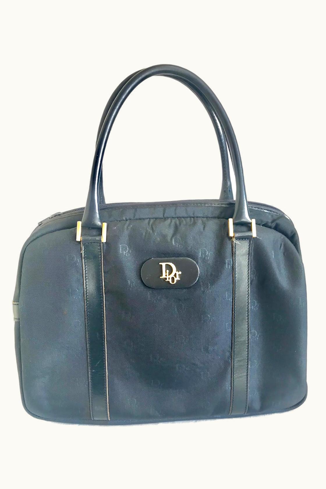 Dior Dior Christian Dior Vintage Navy Handbag With Logo Jacquard Nylon And Leather Trimmings