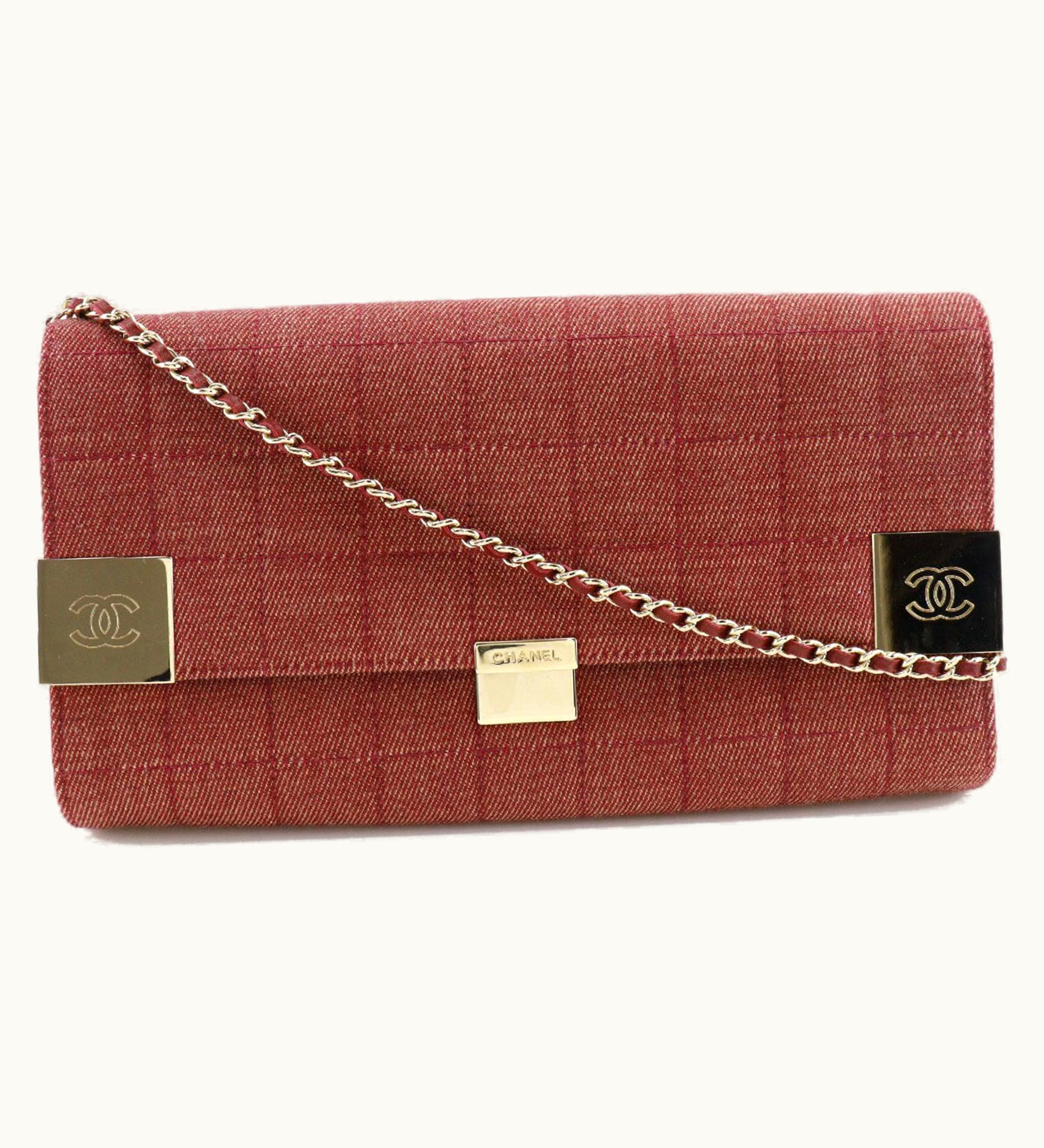 Chanel Chanel Chain Shoulder Chocolate Bar Line Cotton Canvas Red Ladies Bag