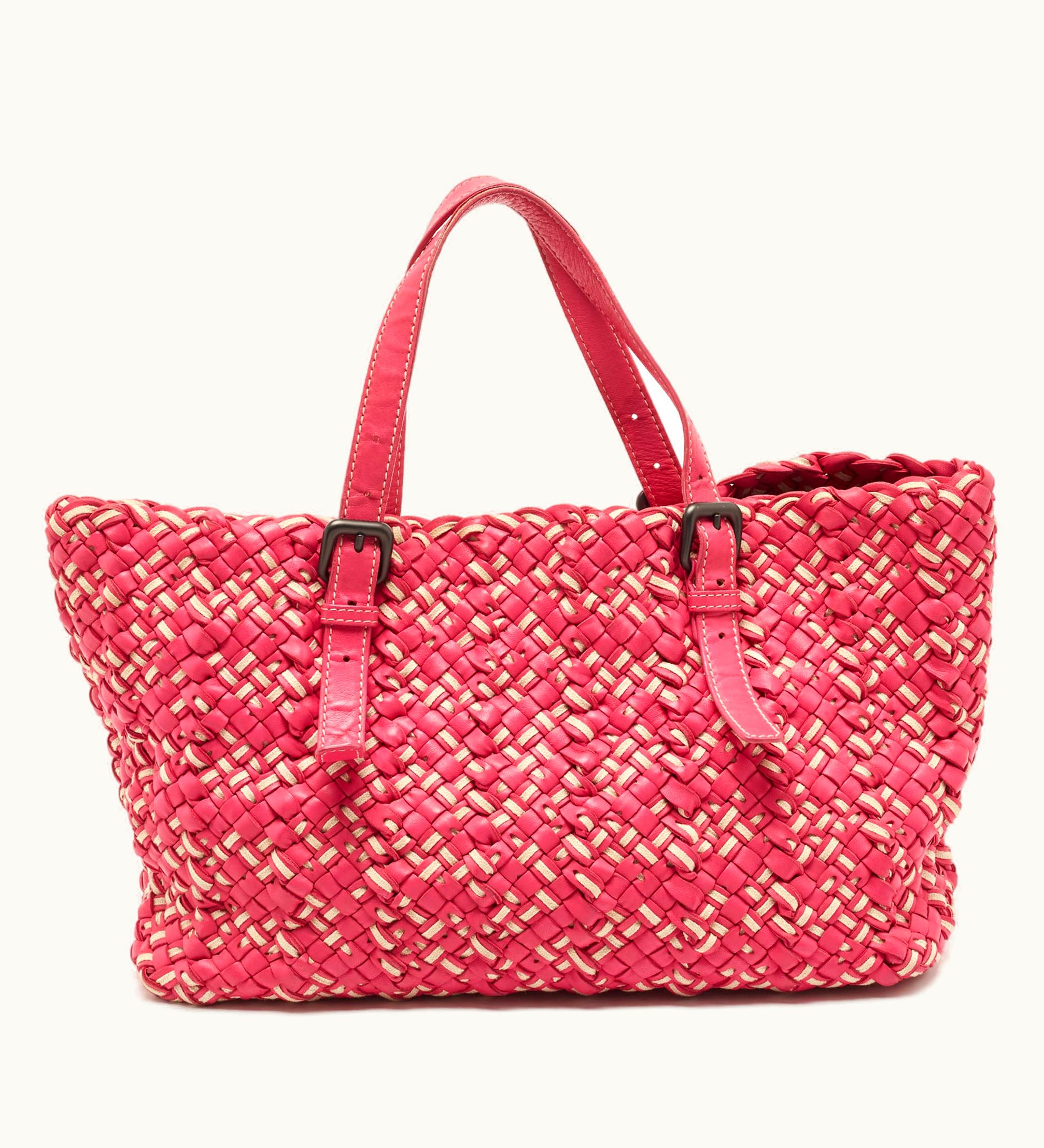 Bottega Veneta Bottega Veneta Pink/Beige Top Woven Leather Shopper Tote