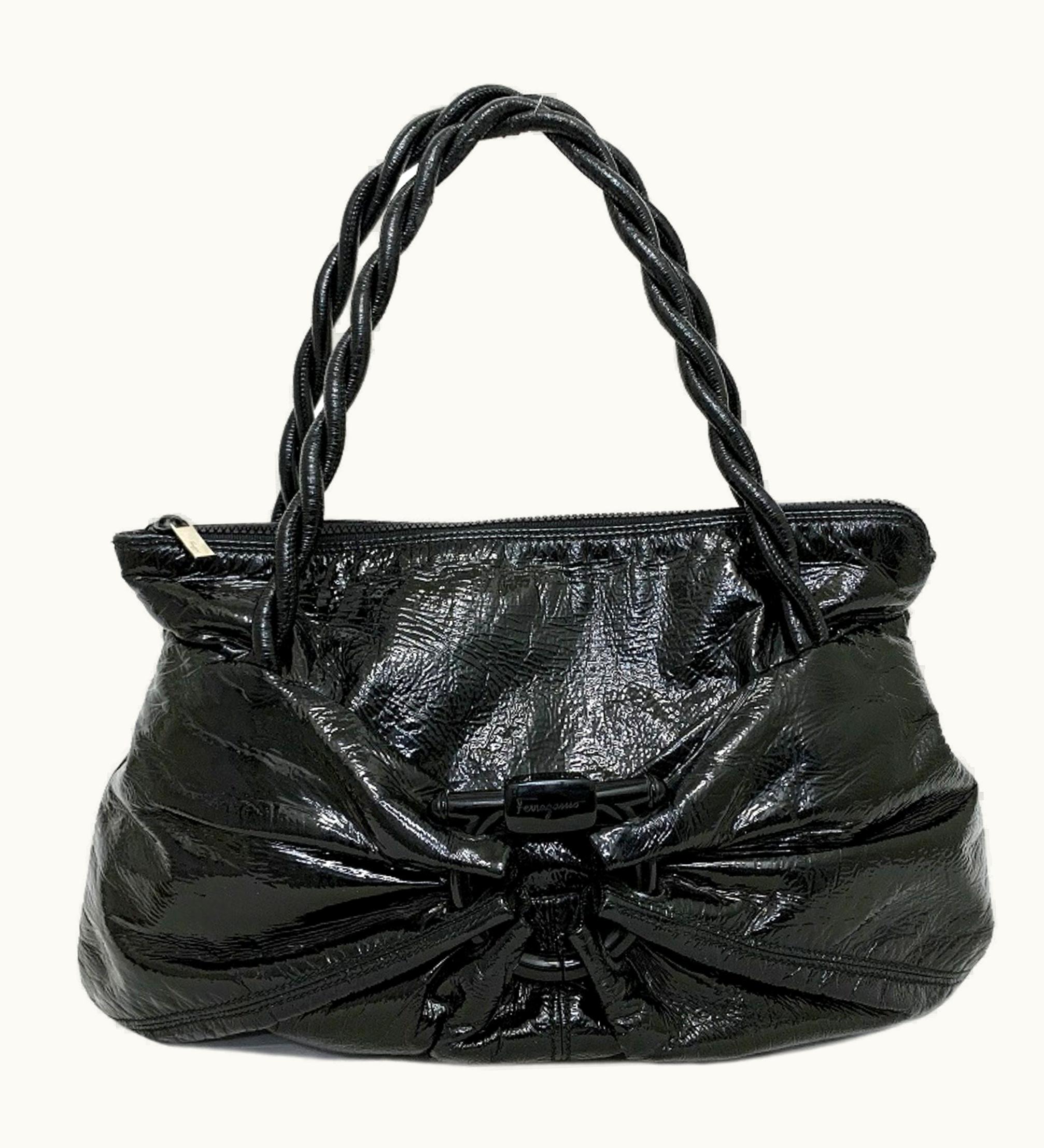 Salvatore Ferragamo Salvatore Ferragamo Tote Bag Gancini Enamel Patent Leather Ladies Black