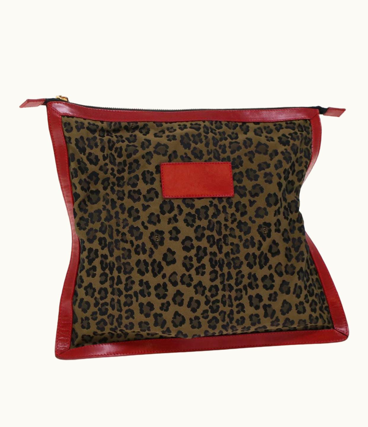 Fendi Fendi Leopard Clutch Bag Nylon Leather Black Brown Red
