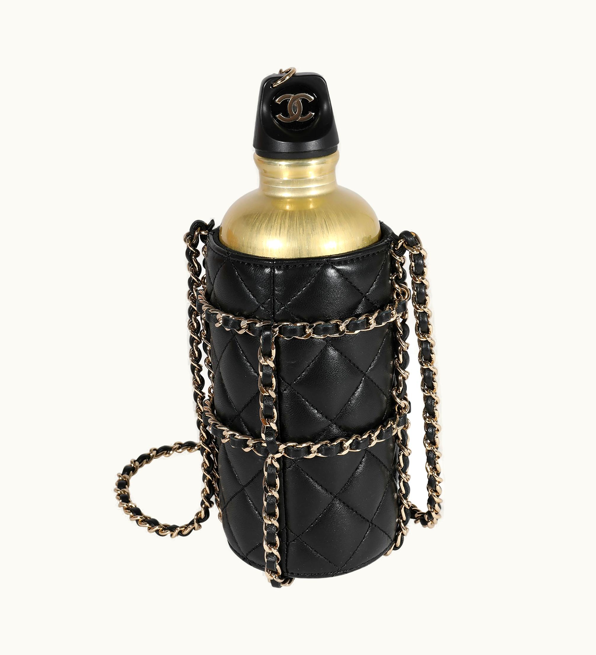 Chanel Chanel Water Bottle Gold Metal & Black Quilted Lambskin Crossbody Holder