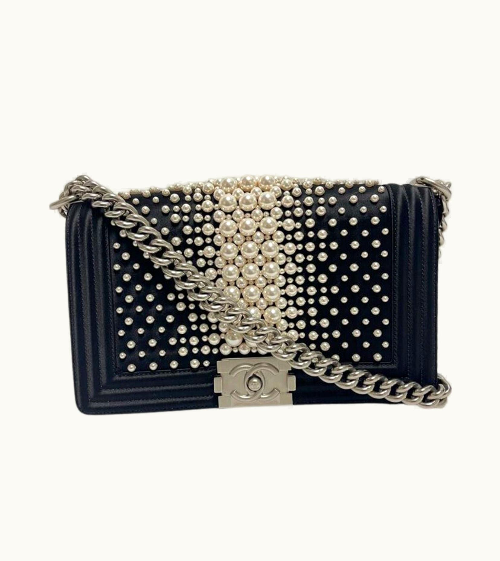 Chanel Chanel - Satin Pearl Medium Boy Flap Black / Ivory CC Shoulder Bag / Crossbody