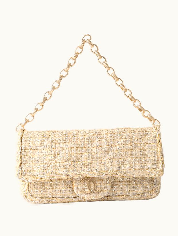 Chanel Chanel Around 2007 Made Tweed CC Mark Plate Chain Shoulder Bag Beige/Silver/Gold