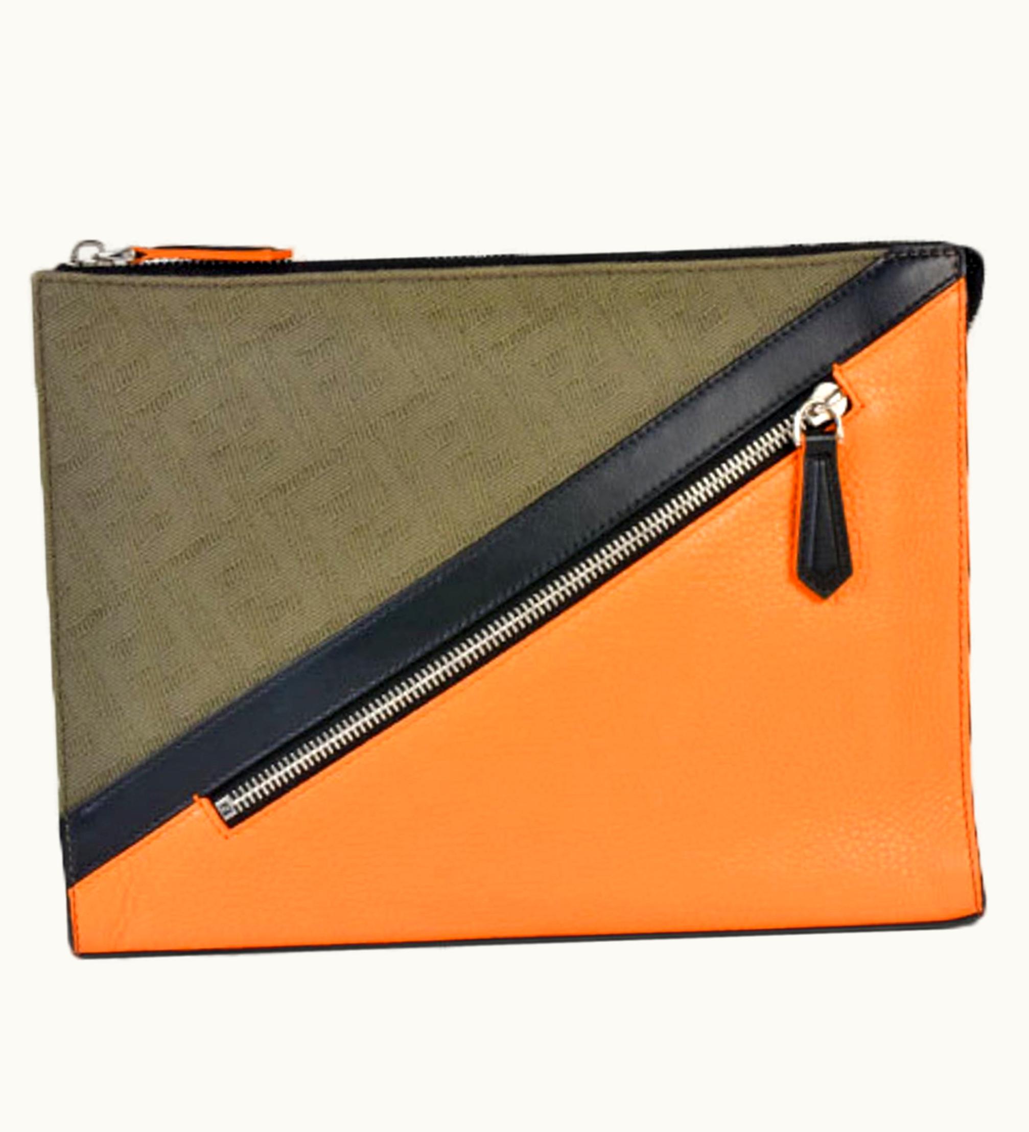 Fendi Fendi Clutch Bag Orange X Brown Zucca Fabric Leather 7V33 Ab01