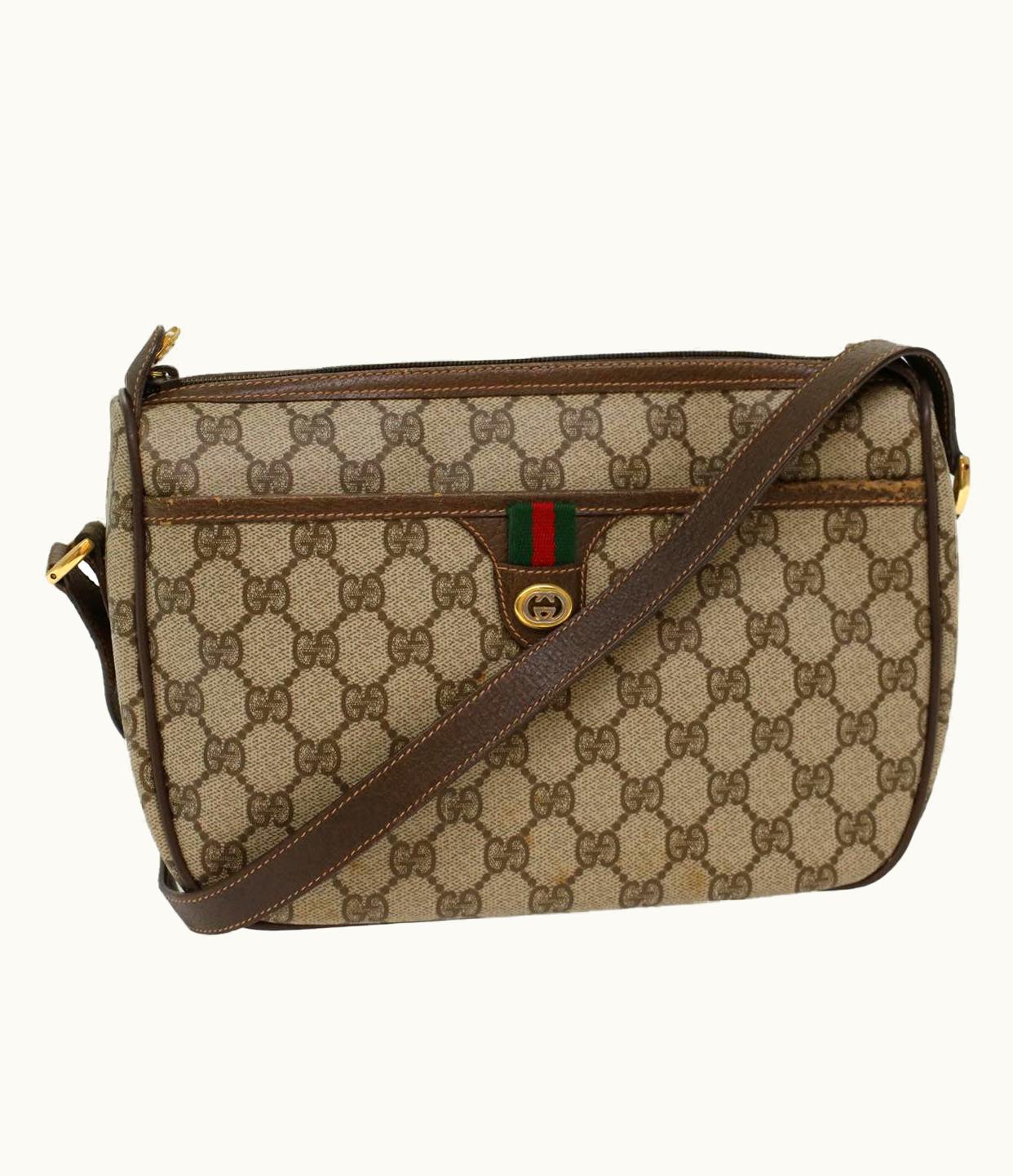 Gucci Gucci GG Canvas Web Sherry Line Shoulder Bag Pvc Leather Beige Green
