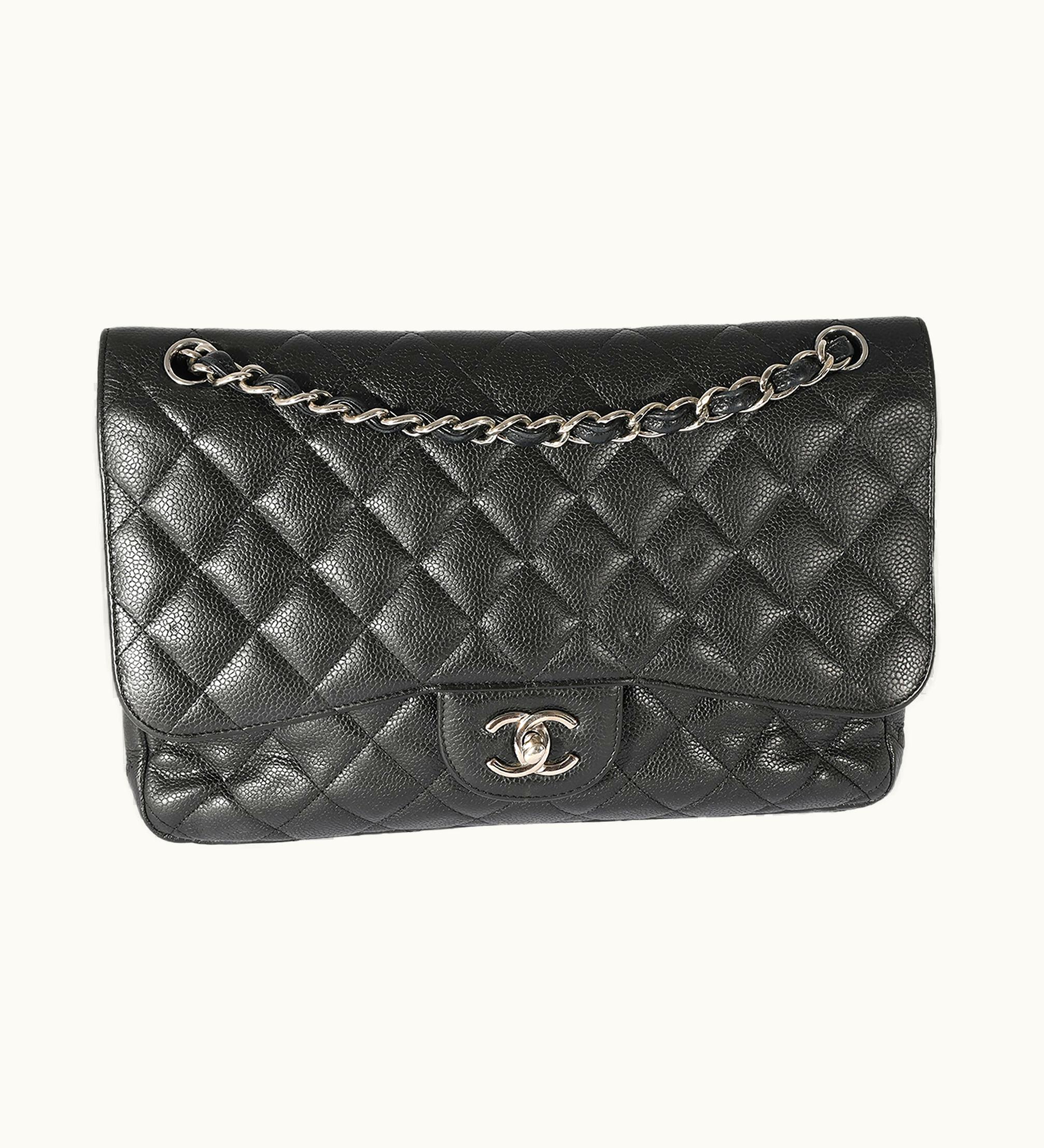 Chanel Chanel Black Leather Caviar Jumbo Double Flap Crossbody Bag Silver-Tone
