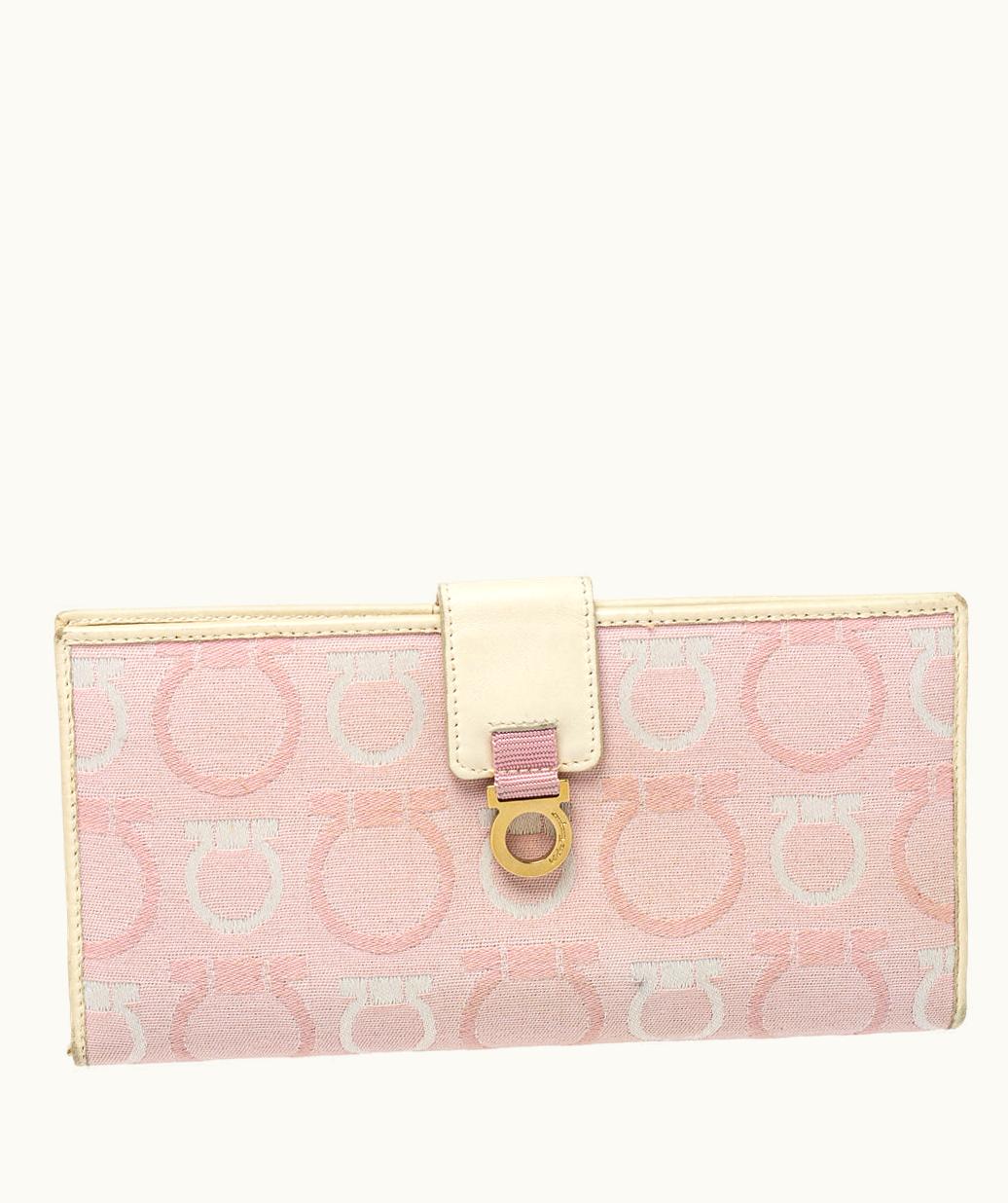 Salvatore Ferragamo Salvatore Ferragamo Pink/Cream Gancini Canvas And Leather Wallet
