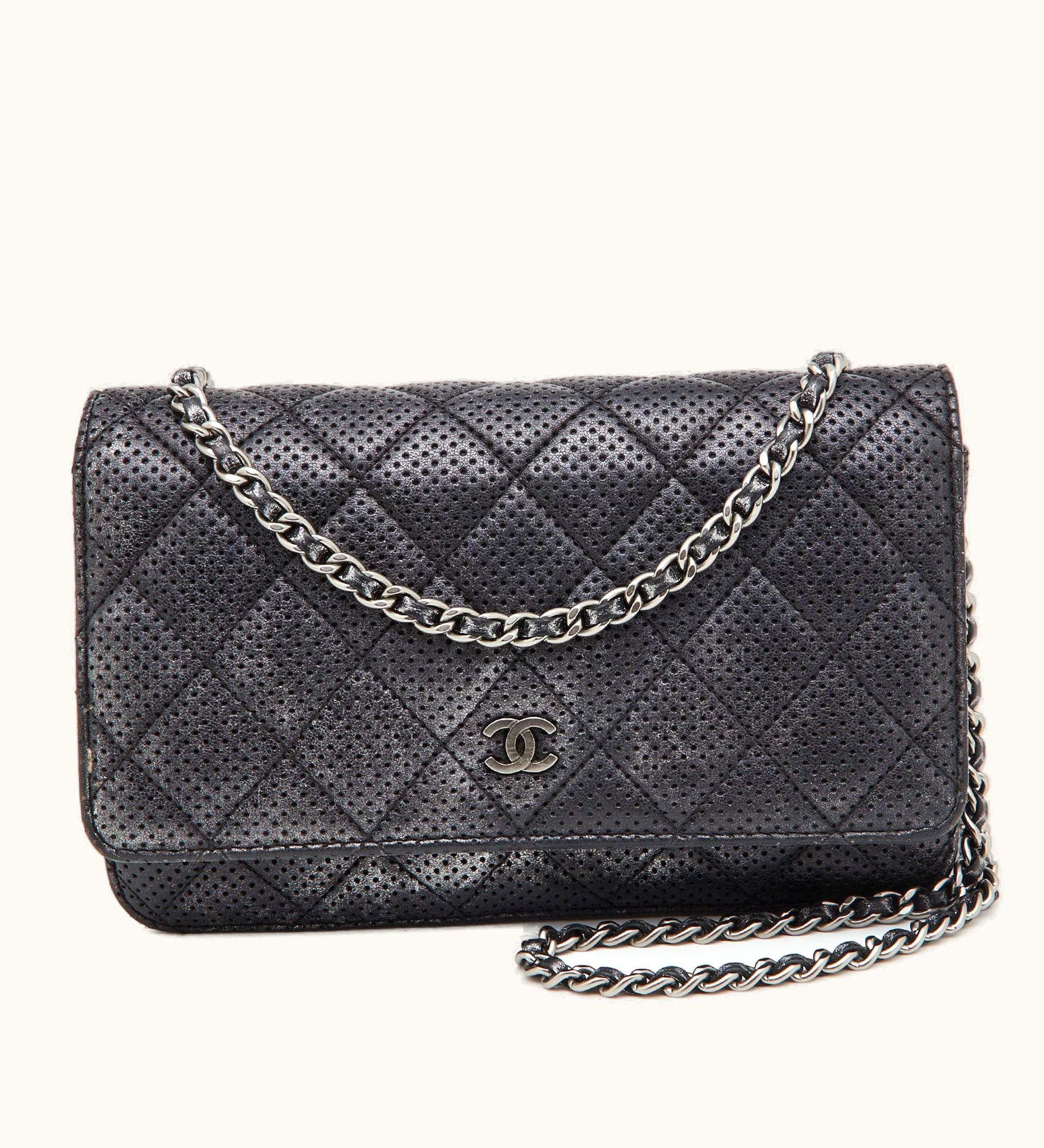 Chanel Chanel Black/Silver Quilted Perforated Leather Classic Wallet On Chain