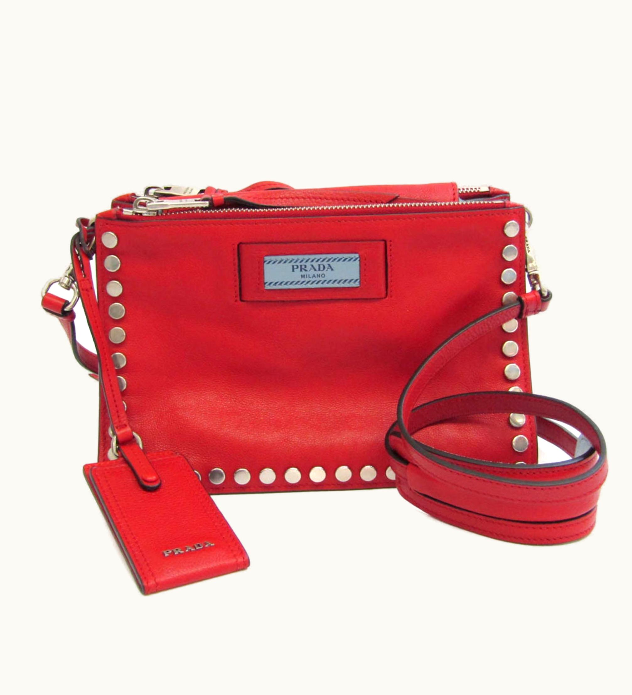 Prada Prada Etiquette Studs 1Bh077 Women's Leather Shoulder Bag Red Color