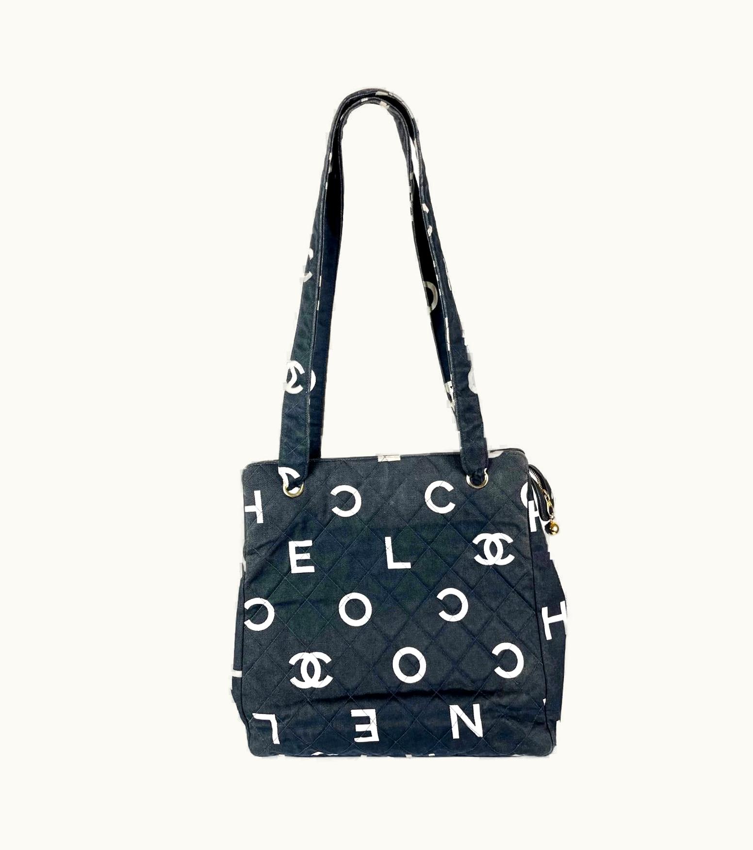 Chanel Chanel Vintage White Logo Black Canvas Tote Bag