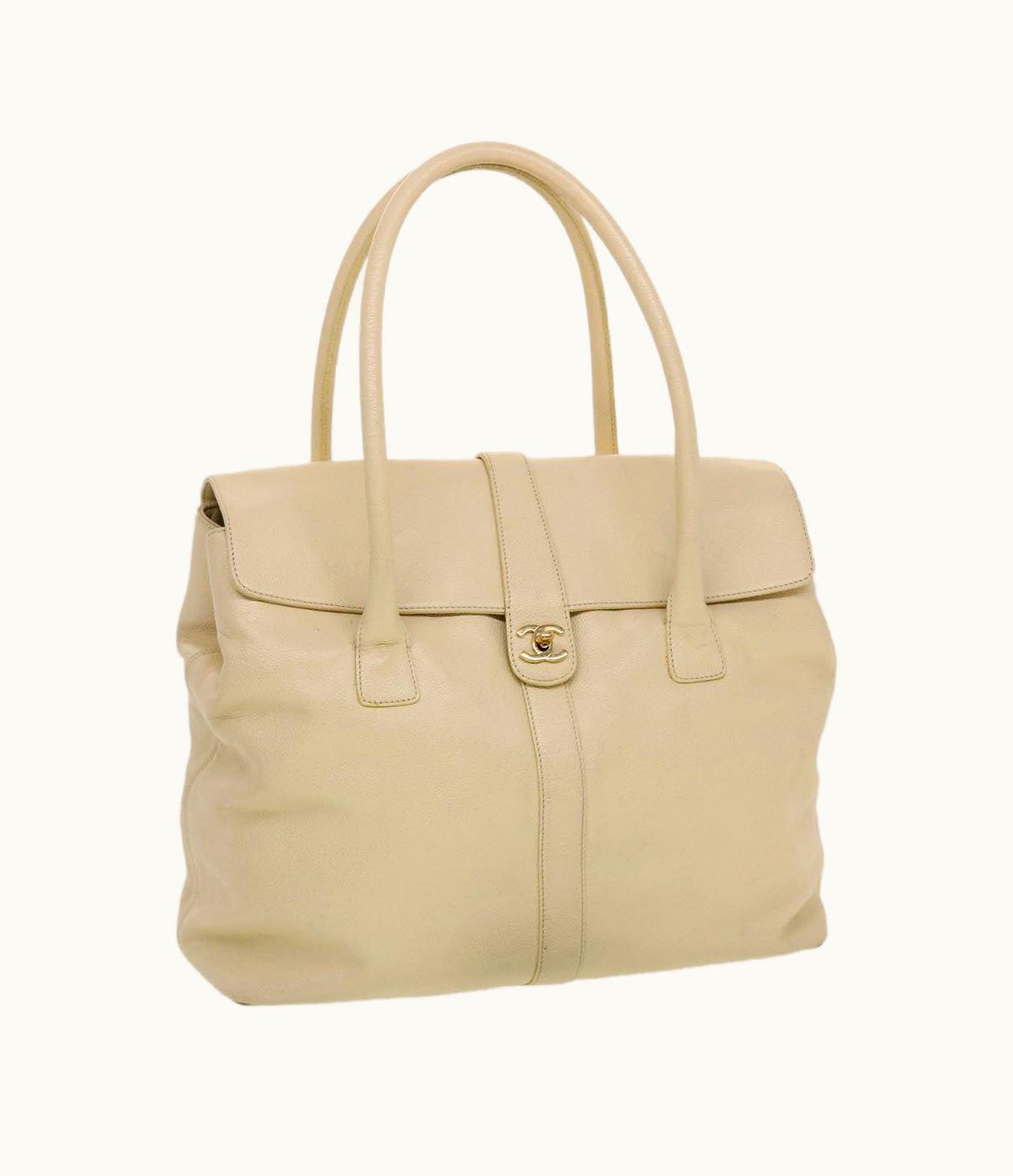 Chanel Chanel Turn Lock Flap Executive Tote Bag Caviar Skin Beige CC