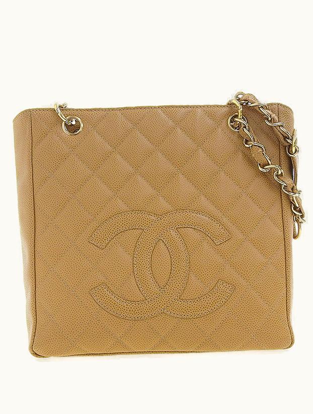 Chanel Chanel Around 2003 Made Caviar Skin CC Mark Stitch Chain Tote Bag Beige