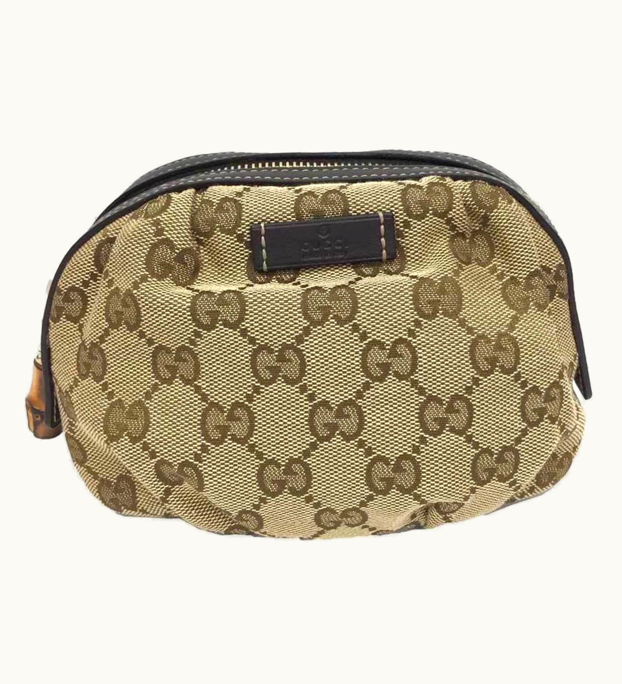 Gucci Gucci GG Canvas Bamboo Pouch Wg Beige X Brown Leather Women's Unisex Bag