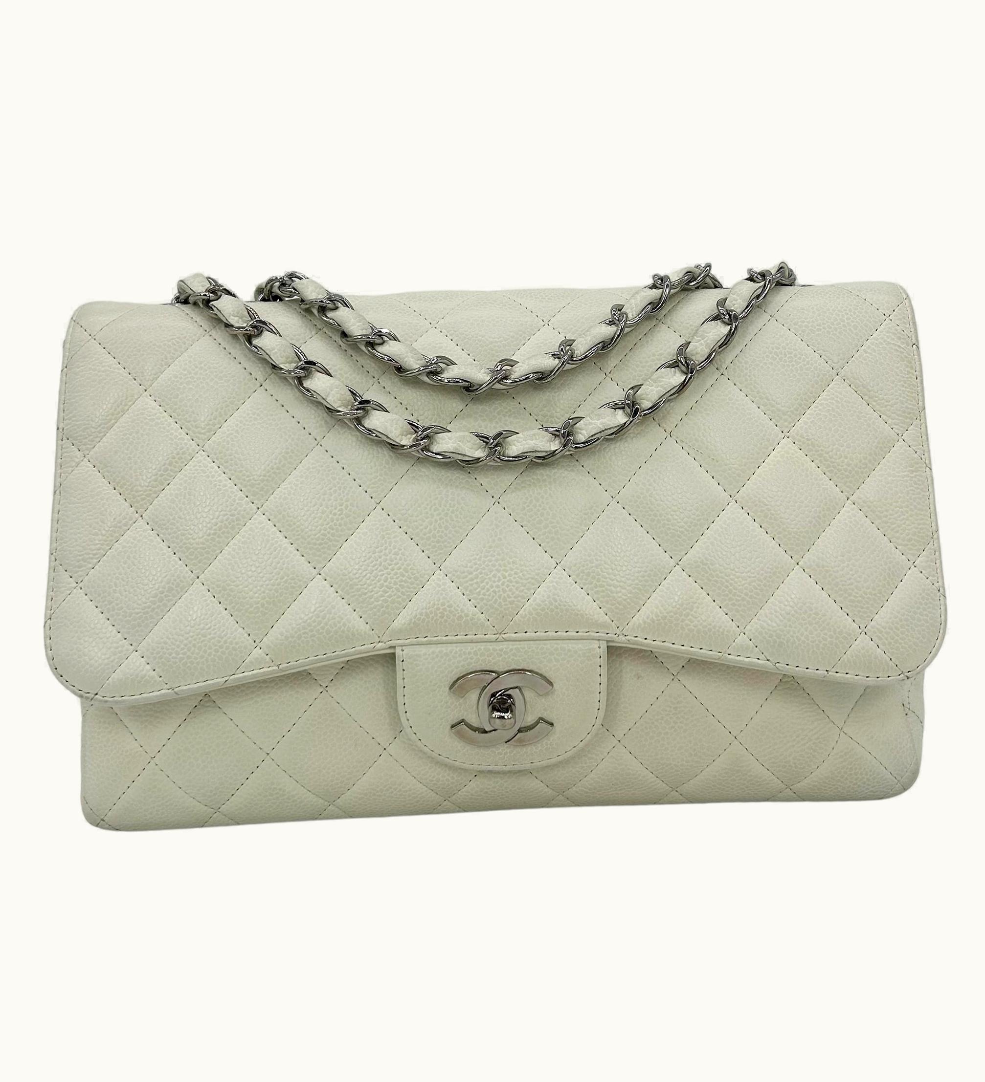 Chanel Chanel White Caviar Quilted Jumbo Single Flap Classic