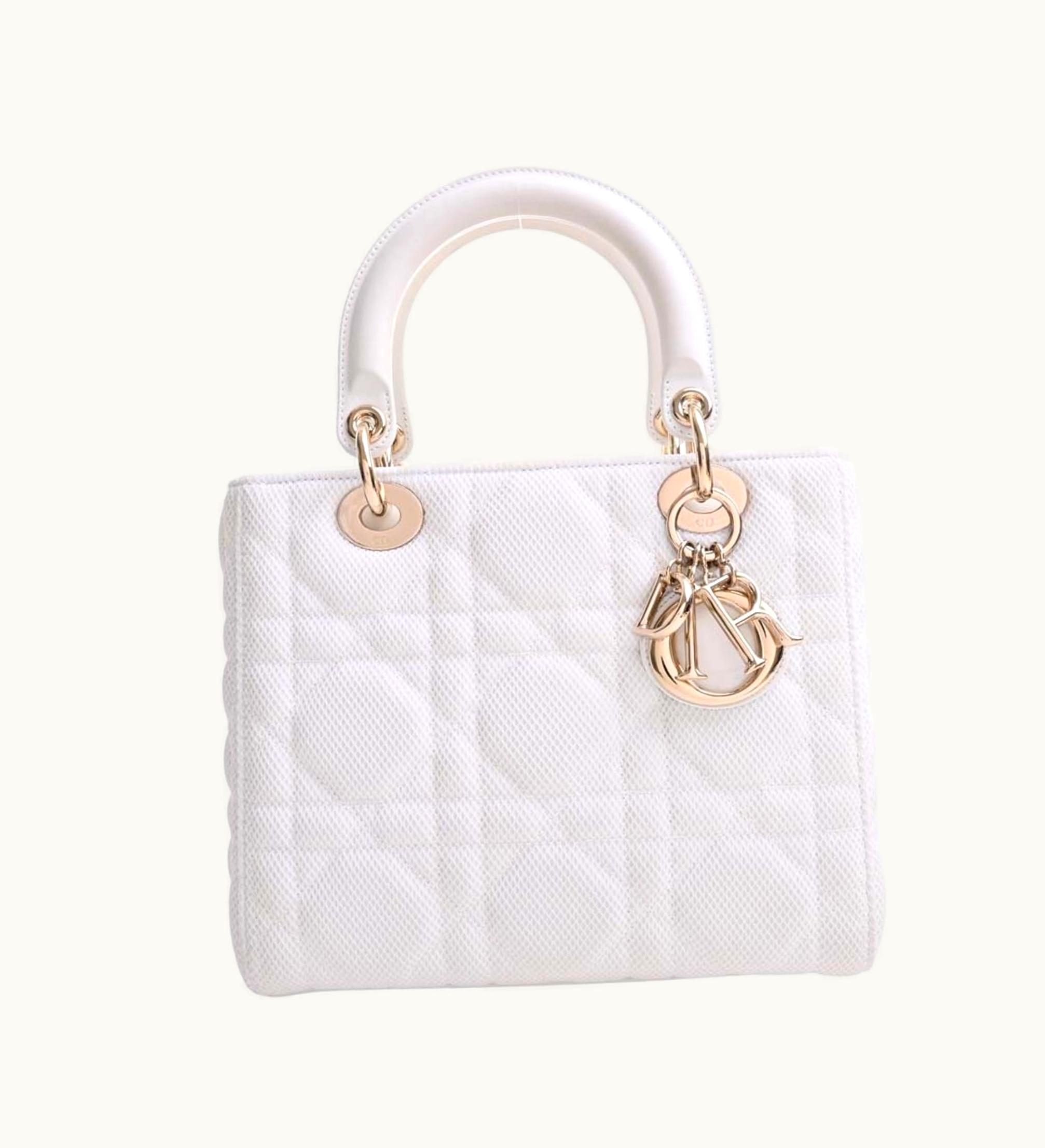 Dior Dior Christian Dior Lady D-Lite Cannage Canvas Leather Medium 2Way Handbag M0565Otid White Ladies