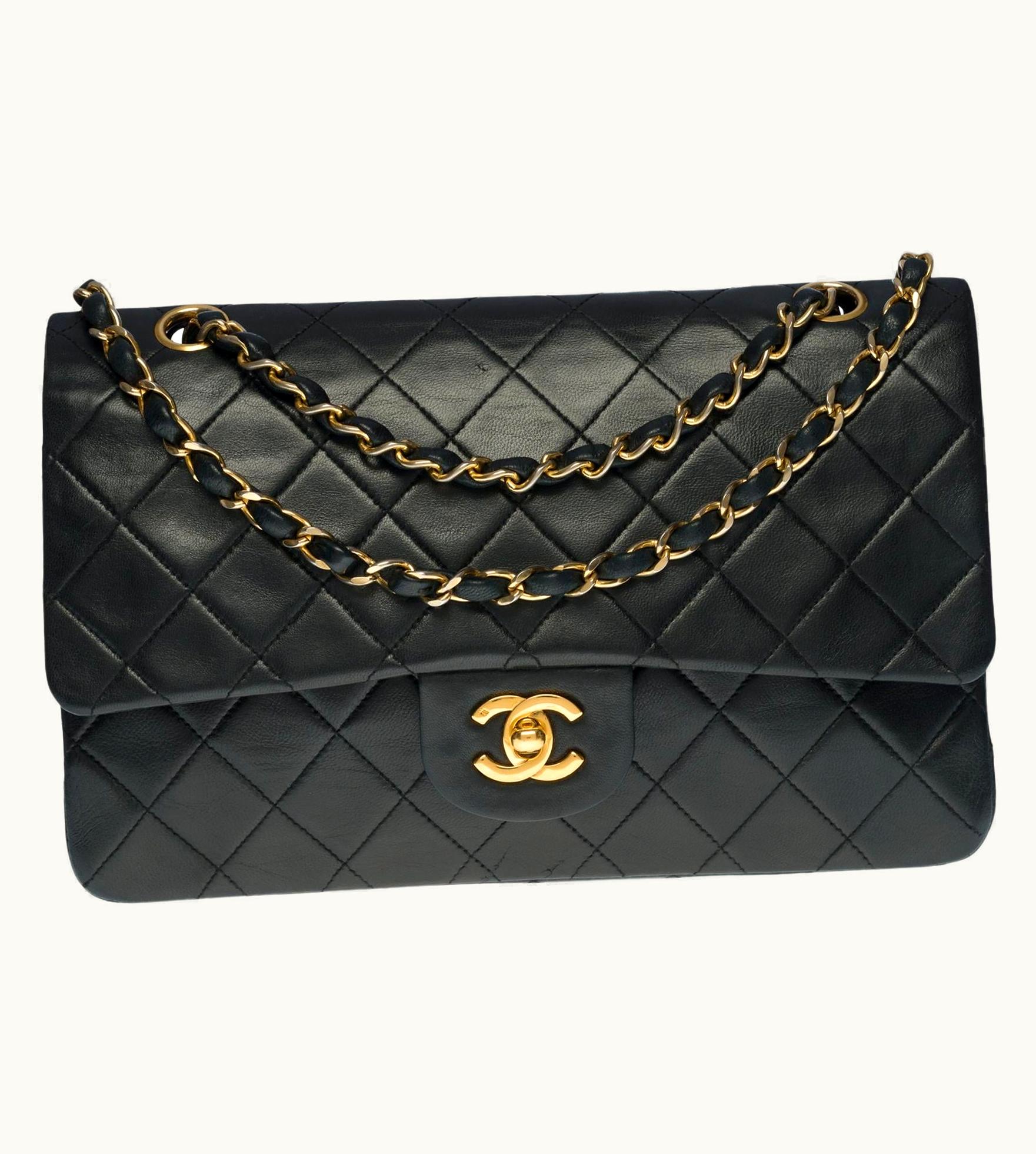Chanel Chanel Timeless Medium Double Flap Shoulder Bag In Black Quilted Lambskin - Black/Gold