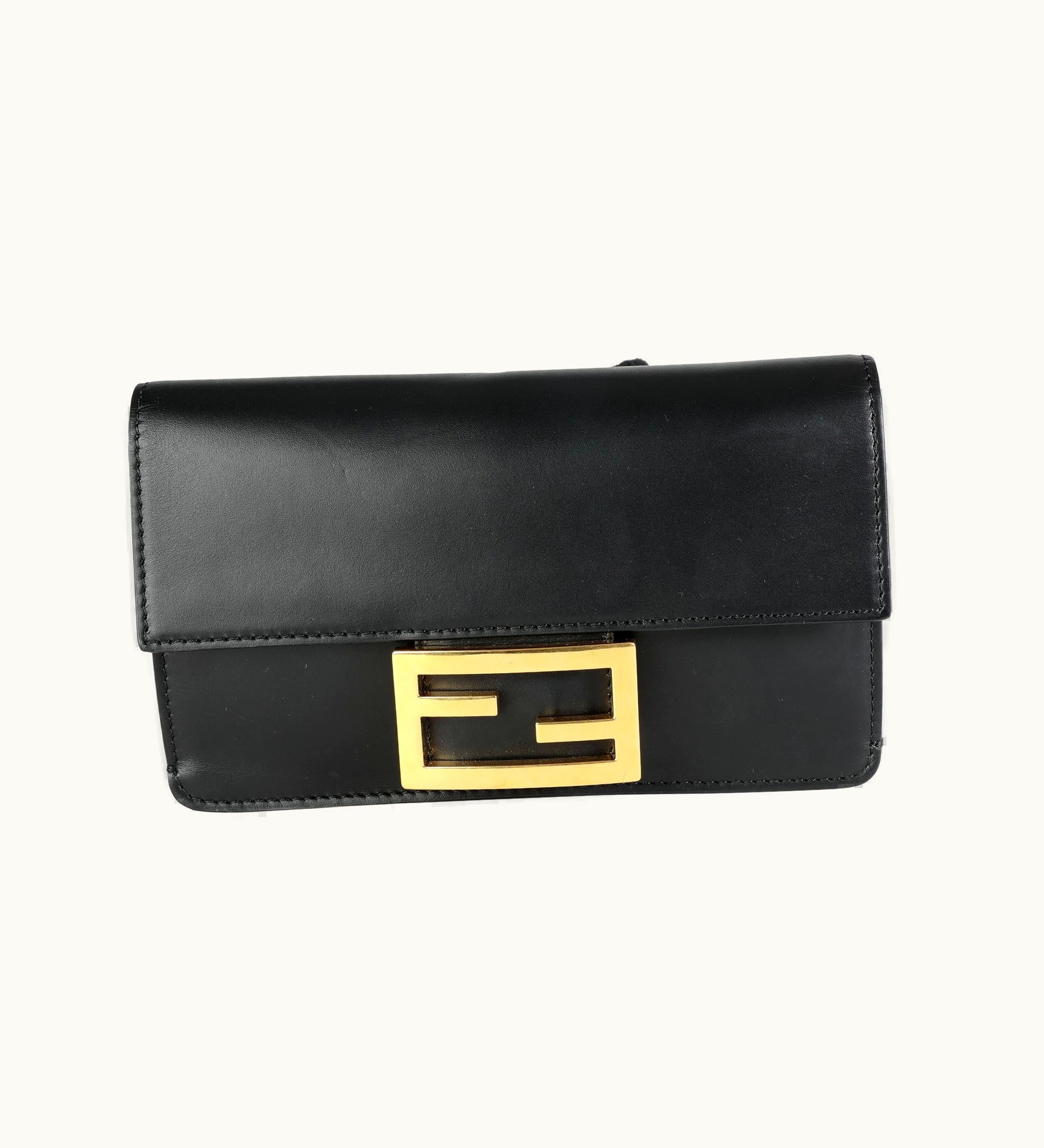 Fendi Fendi Black Calfskin Mini Flat Baguette With Black 'strap You' Strap
