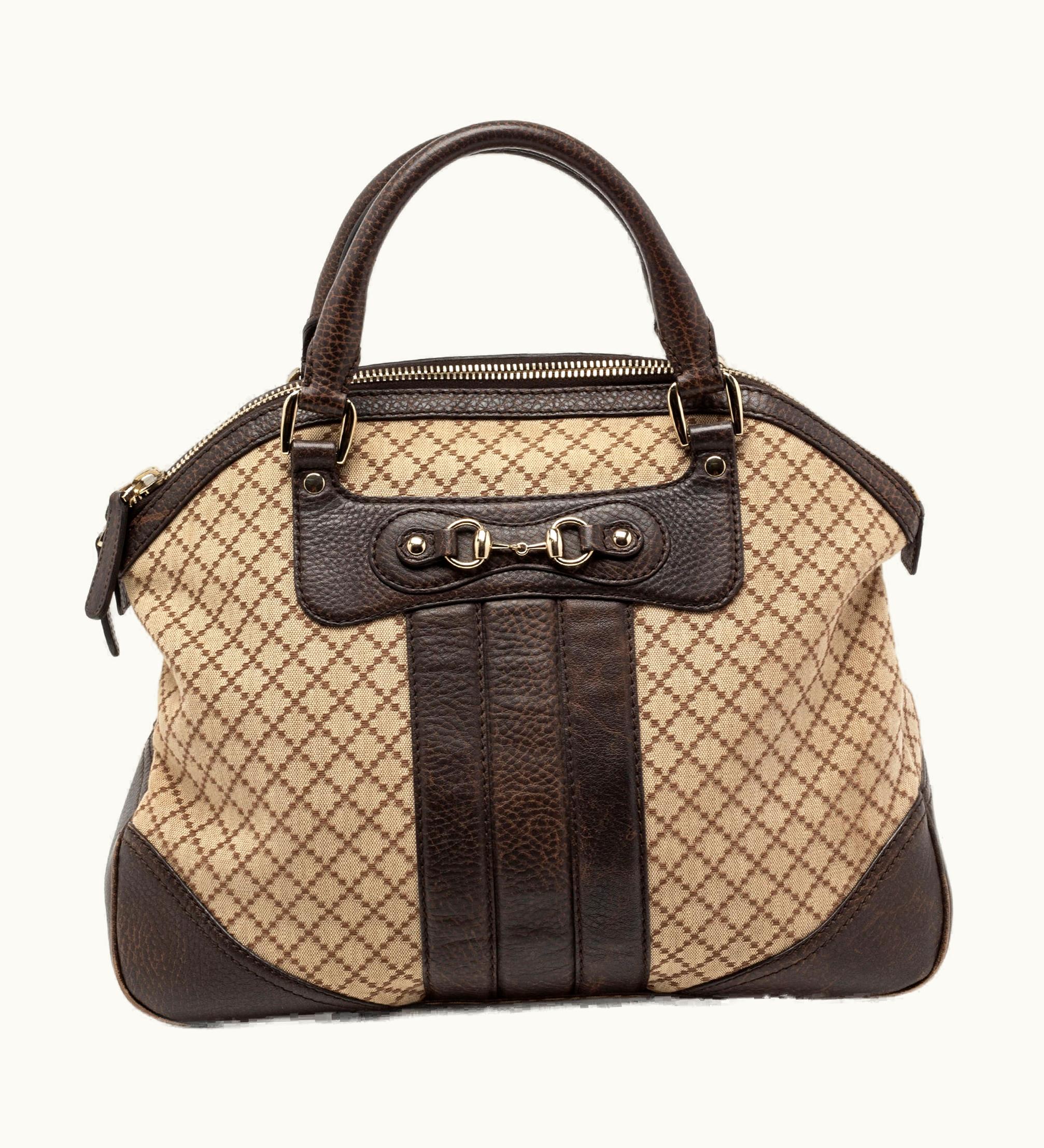 Gucci Gucci Diamante Canvas And Leather Large Horsebit Catherine Satchel Beige/Brown