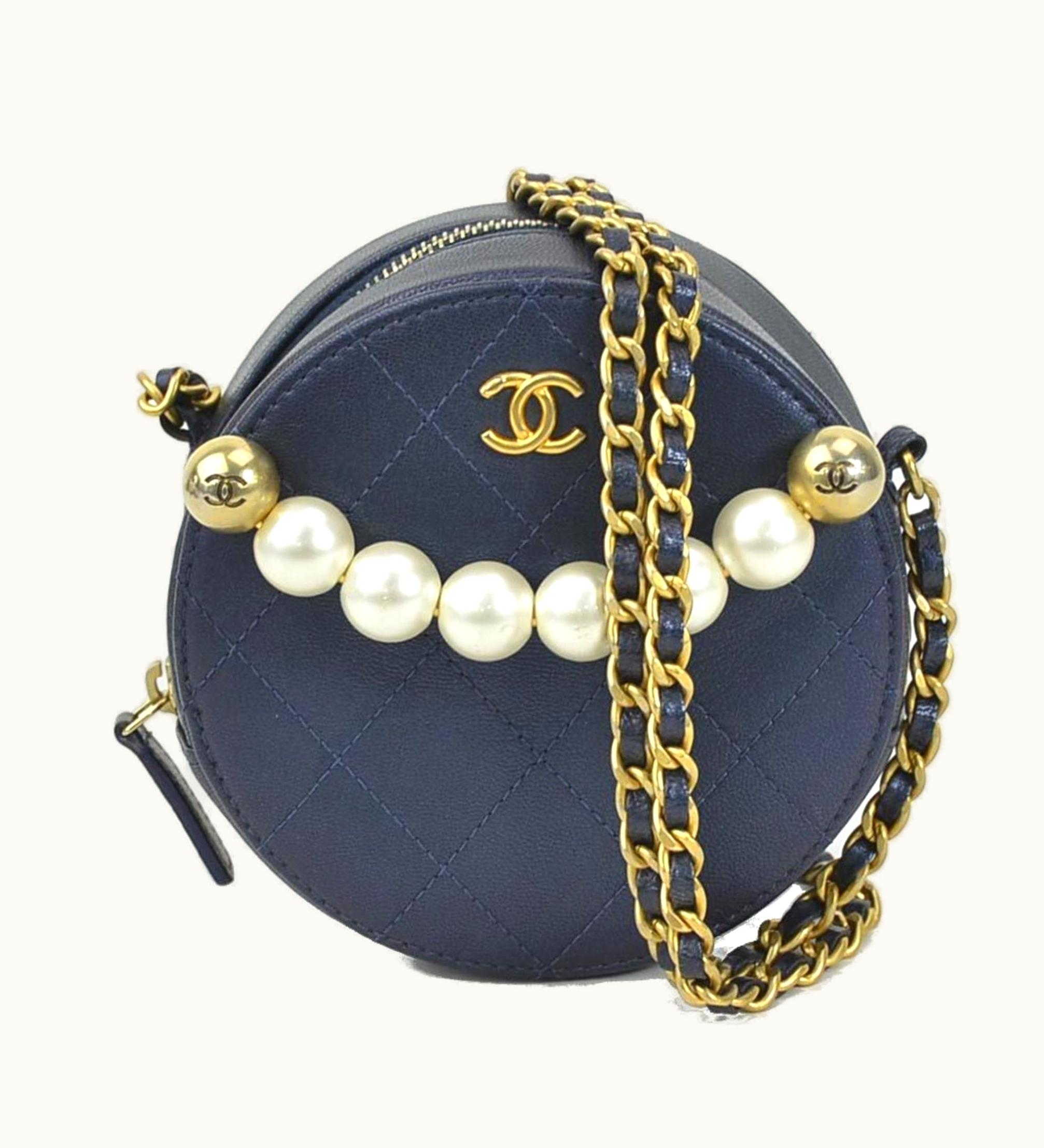 Chanel Chanel Crossbody Shoulder Bag Pochette Coco Mark Leather/Metal/Fake Pearl Navy/Gold/Off-White Women's