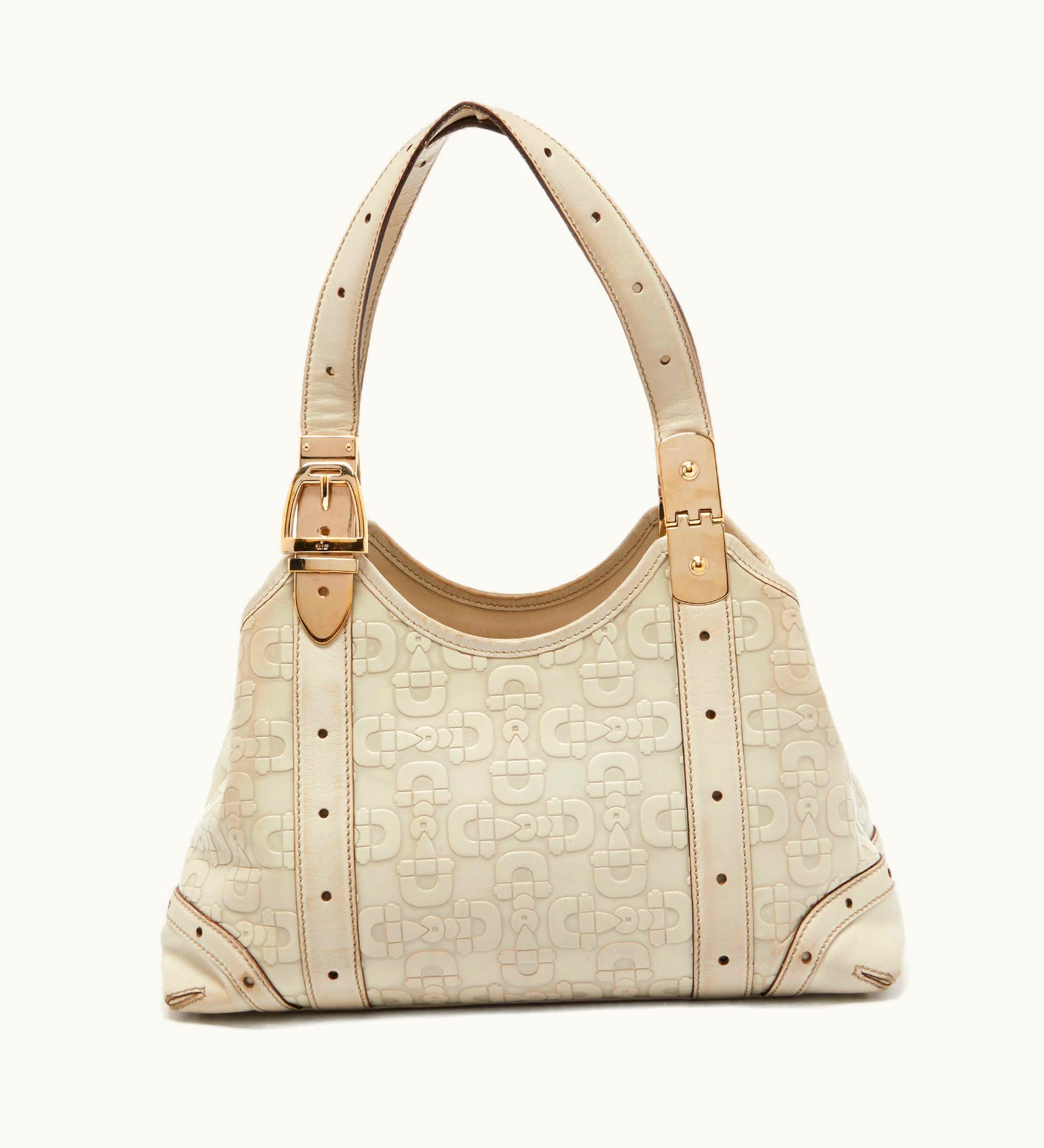 Gucci Gucci Beige Horsebit Embossed Leather Shoulder Bag
