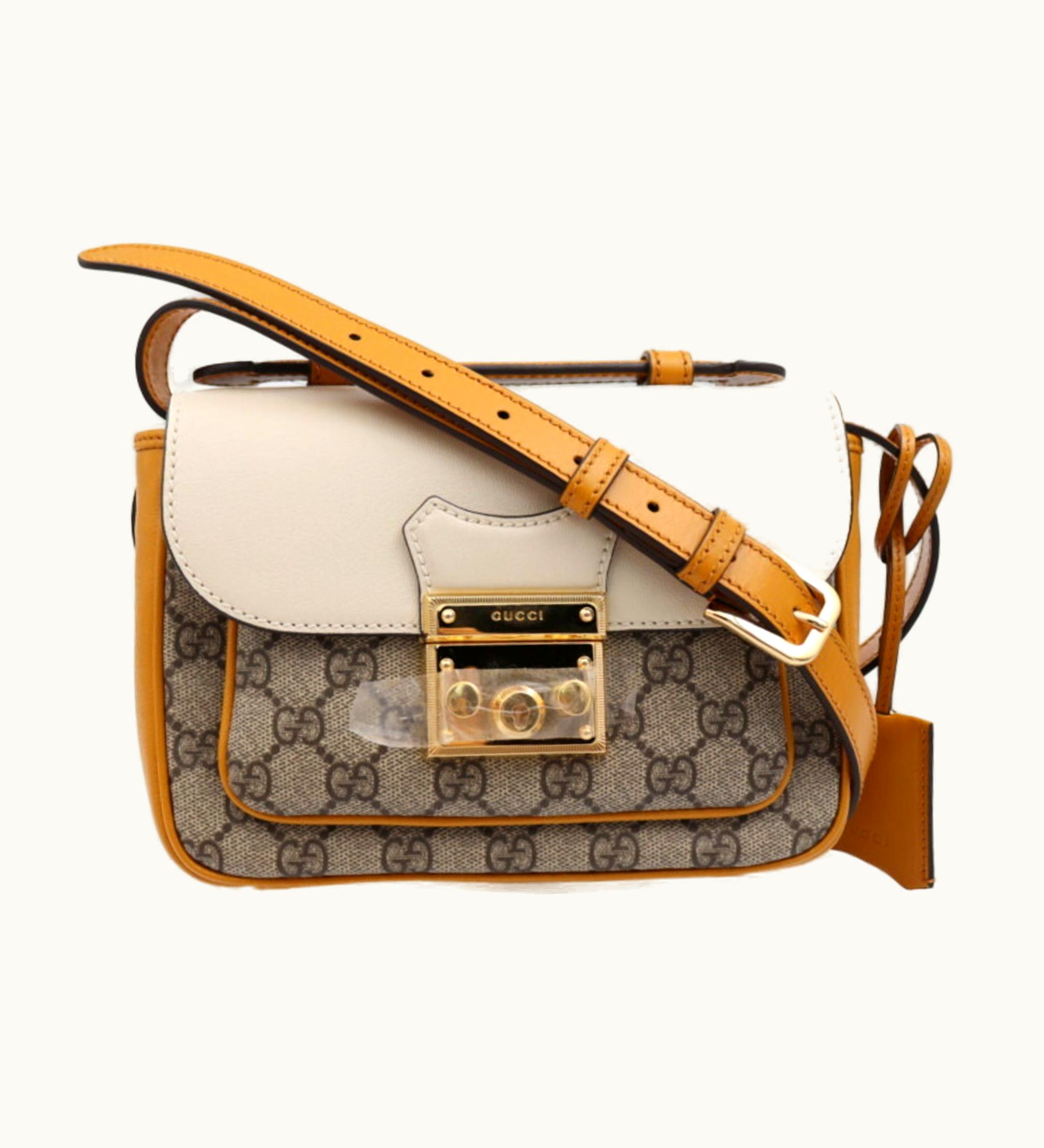 Gucci Gucci Shoulder Bag 658487 Leather GG Supreme Canvas Ivory Dark Leaves Beige Ebony Gold Hardware Padlock 2Way Handbag