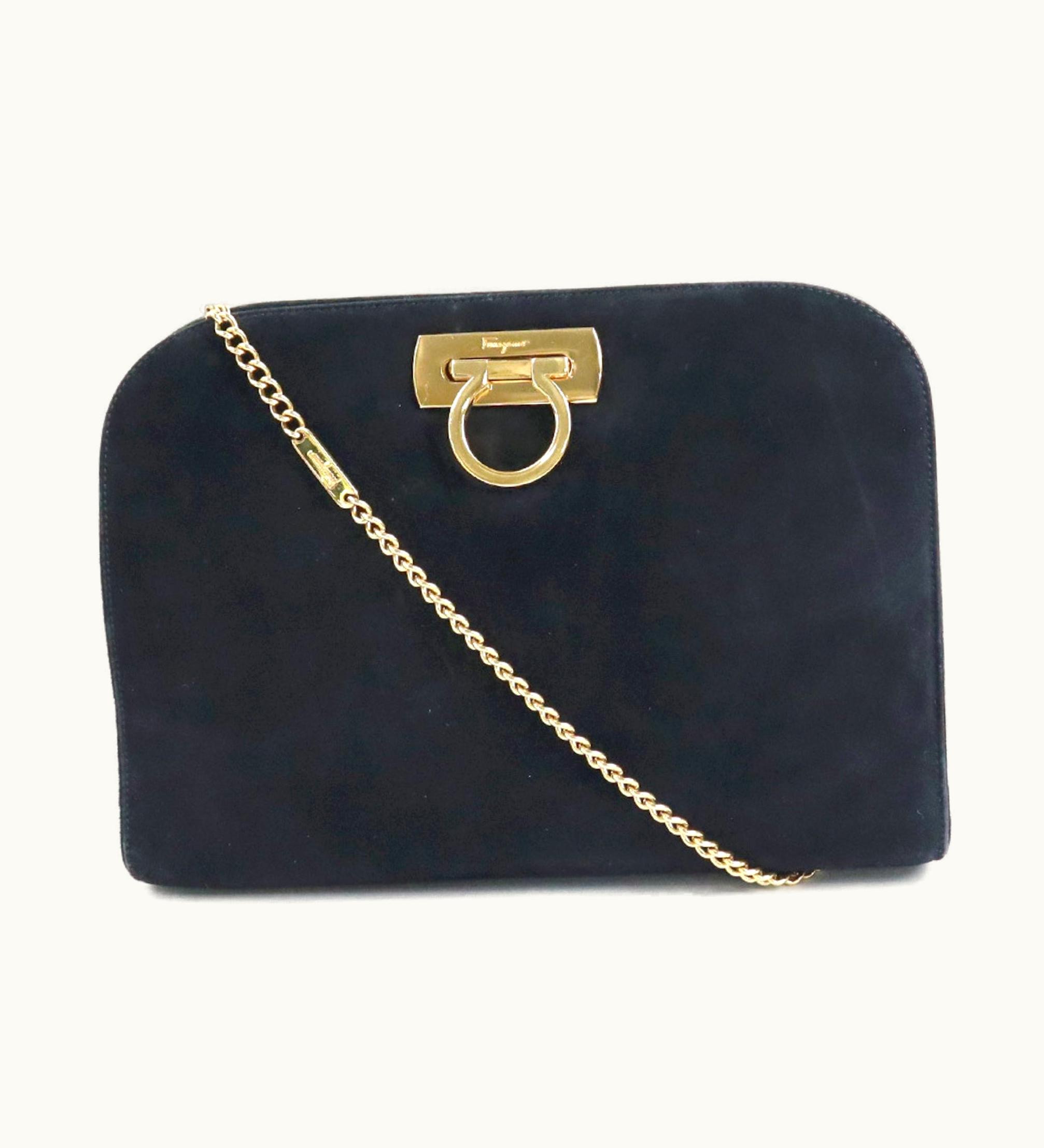 Salvatore Ferragamo Salvatore Ferragamo Diagonal Shoulder Bag Gancini Suede Black Gold Ladies