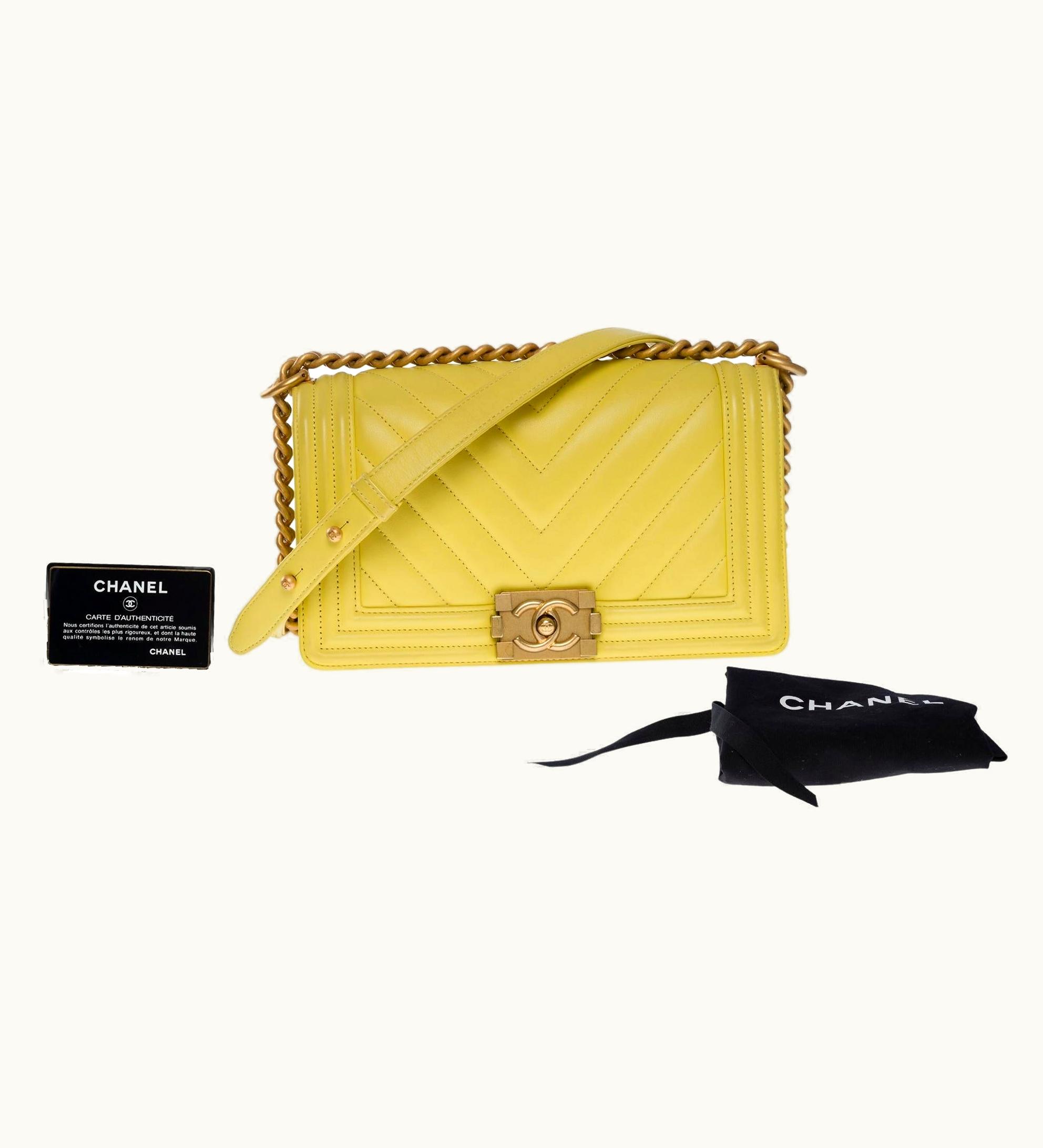 Chanel Chanel Boy Old Medium Shoulder Bag In Yellow Quilted Herringbone Leather
