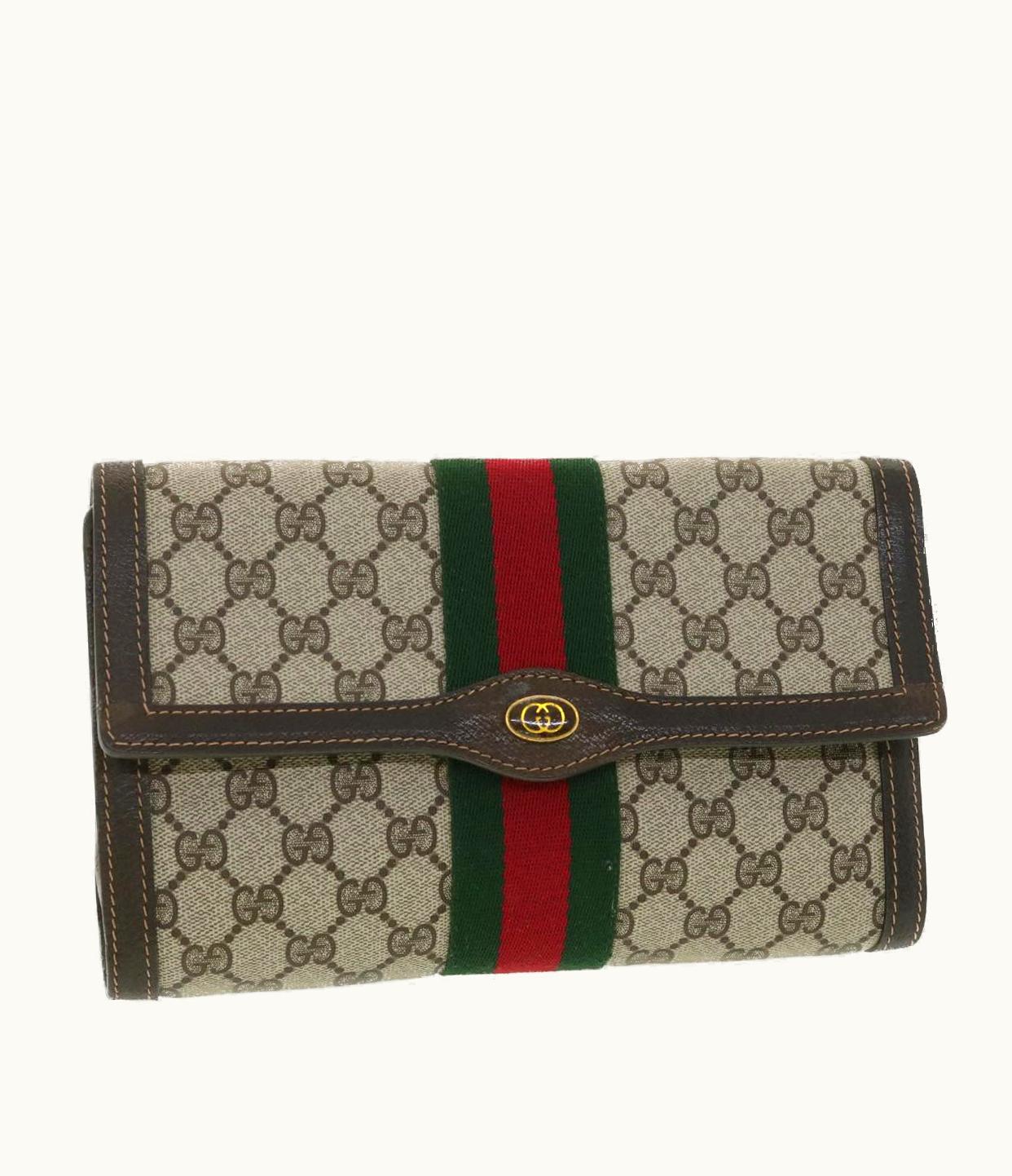 Gucci Gucci GG Canvas Web Sherry Line Clutch Bag Beige Red Green 41.014