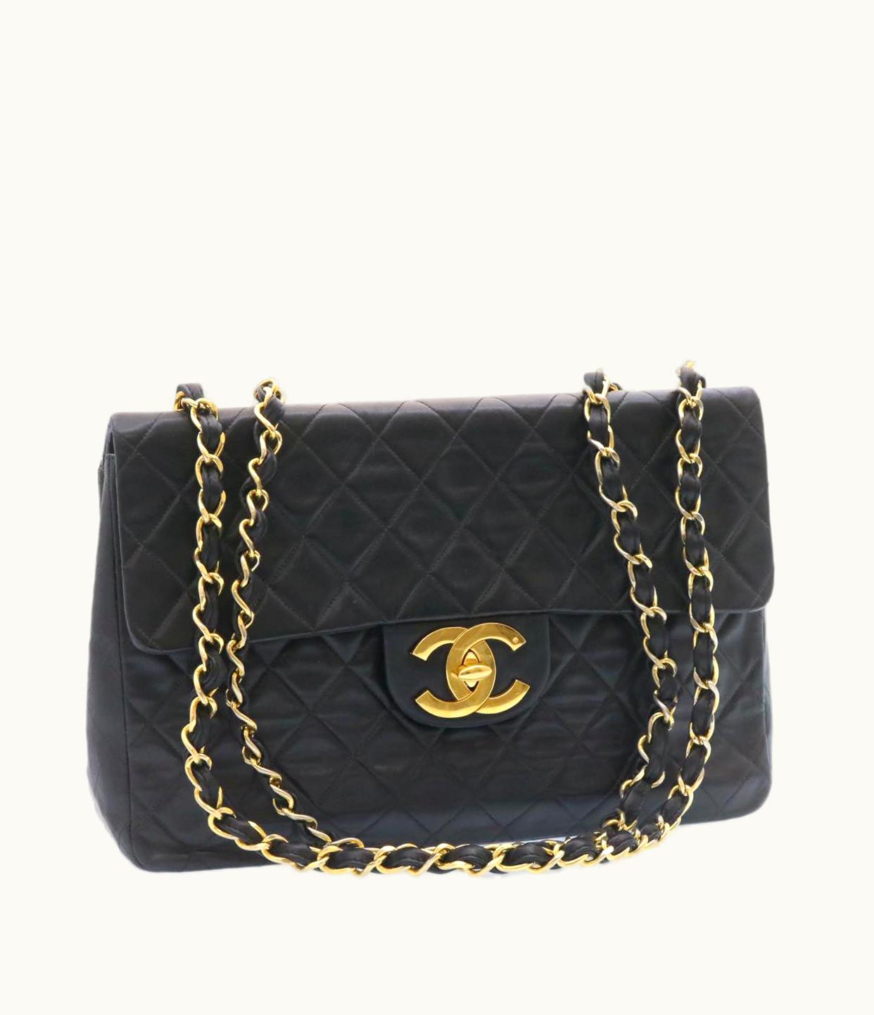 Chanel Chanel Big Matelasse Flap Chain Shoulder Bag Lamb Skin Black Gold