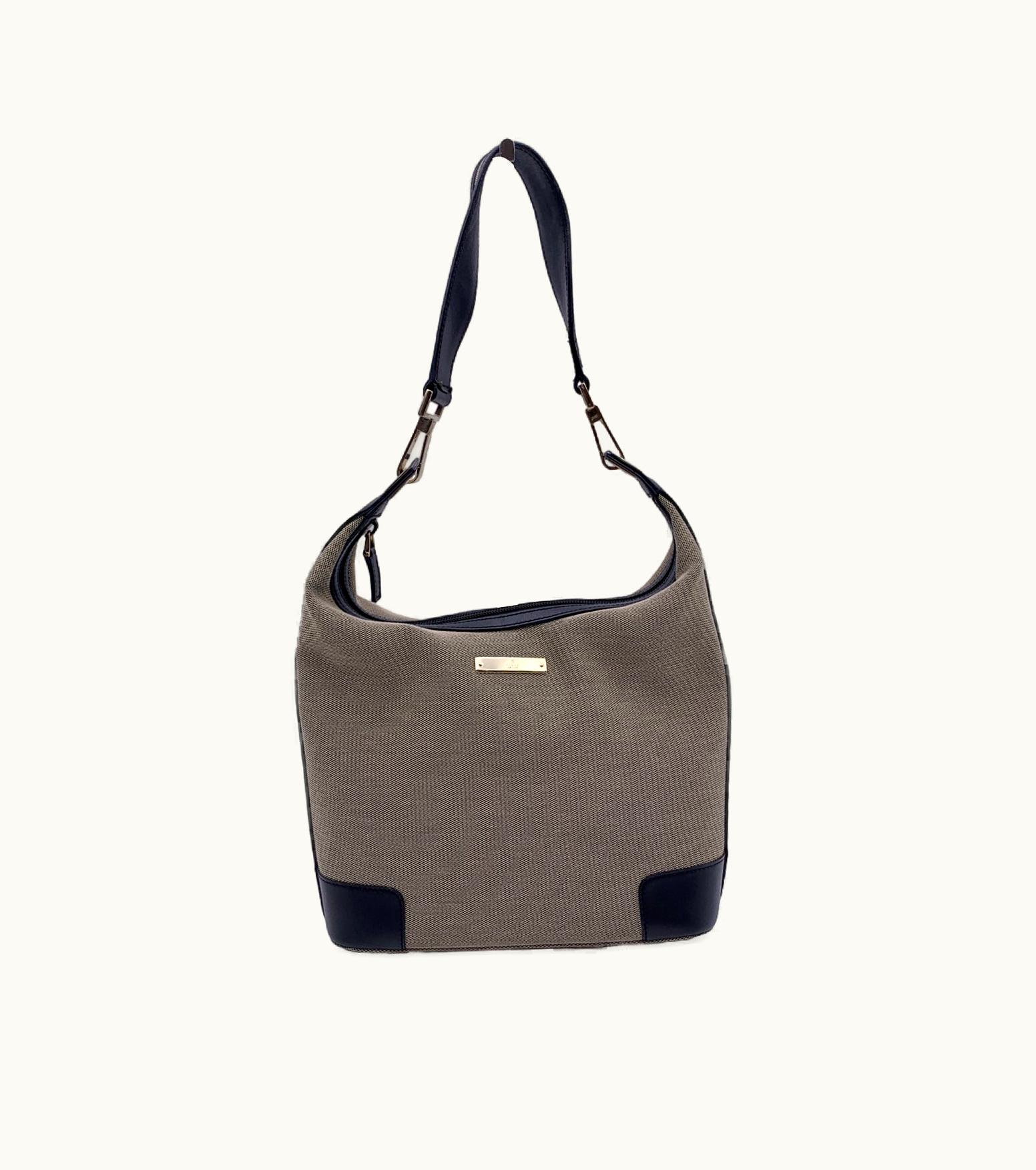 Gucci Gucci Medium Beige Canvas And Black Leather Hobo Shoulder Bag