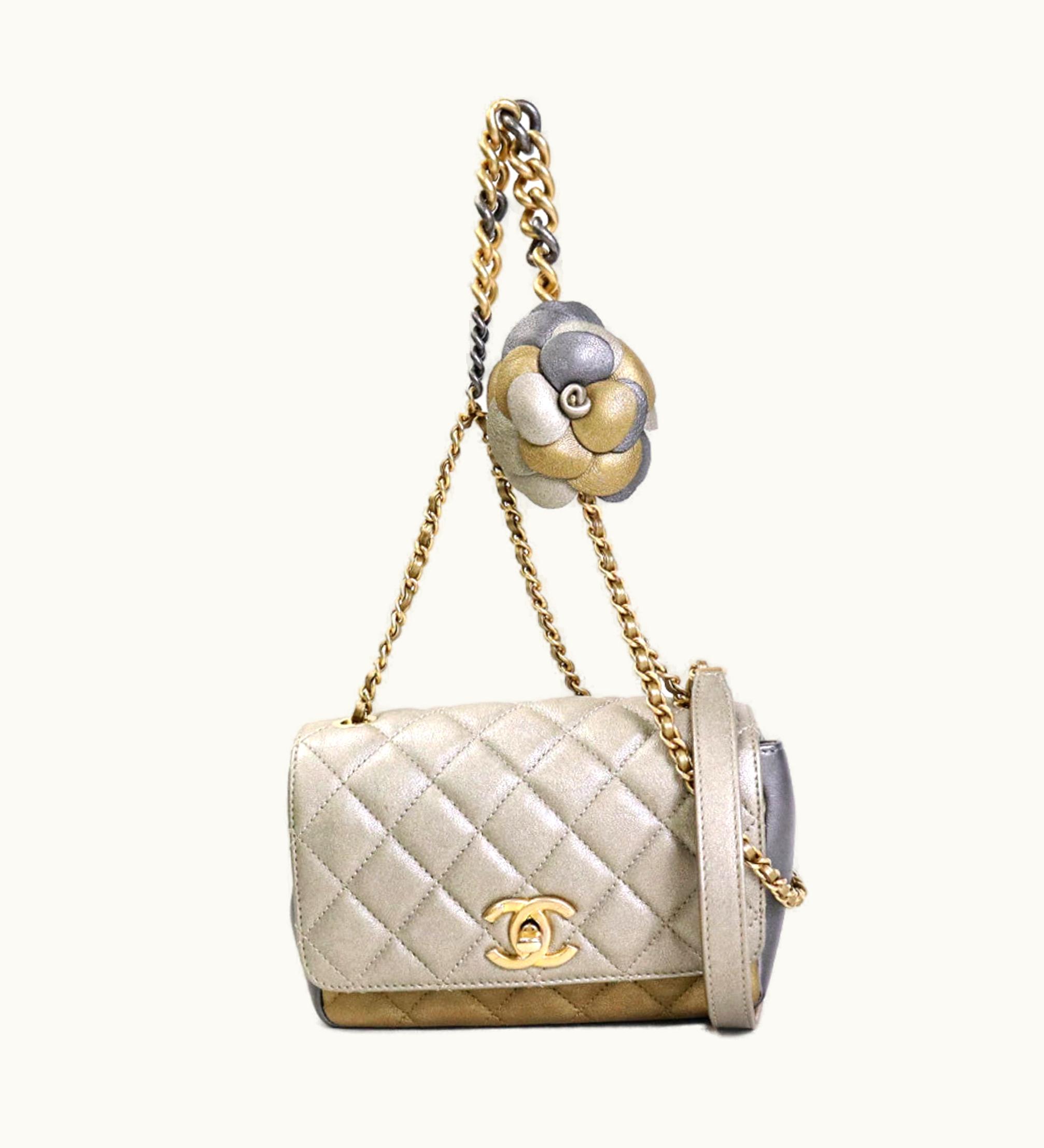 Chanel Chanel Diagonal Shoulder Bag Matelasse Camellia Leather/Metal Greige/Gold/Gray Women's E55934A